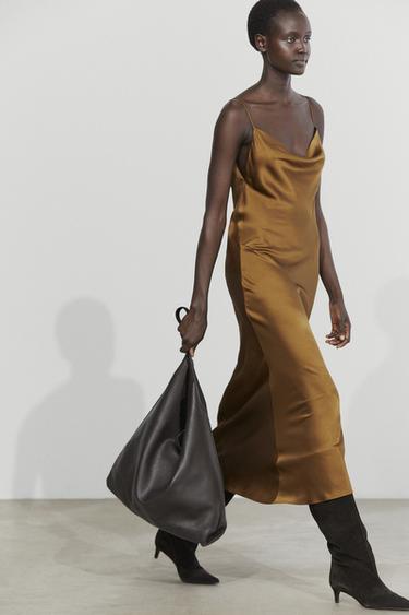 Flowing satin finish midi dress — OLD GOLD 3