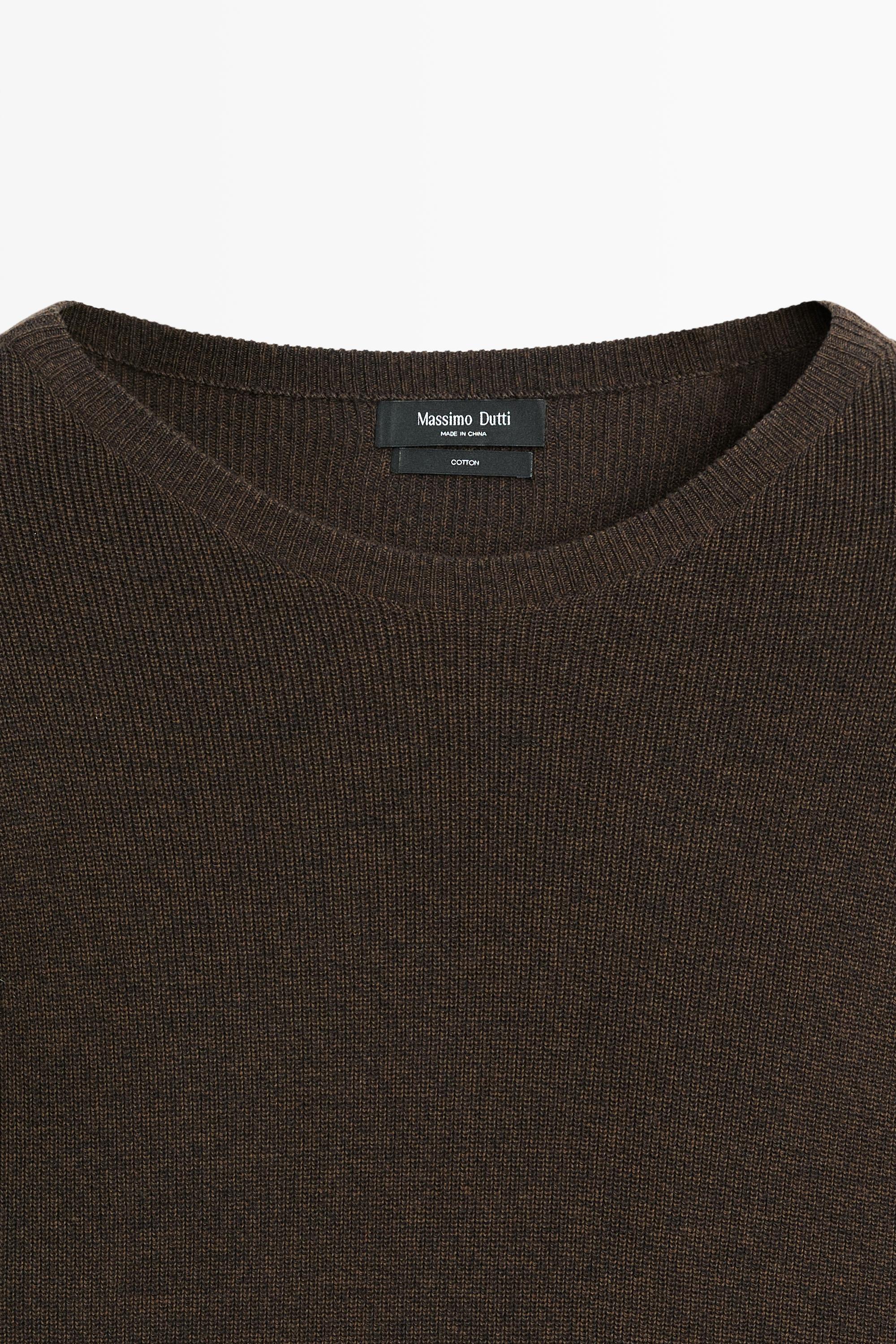 100% cotton mouliné round neck sweater — BROWN
