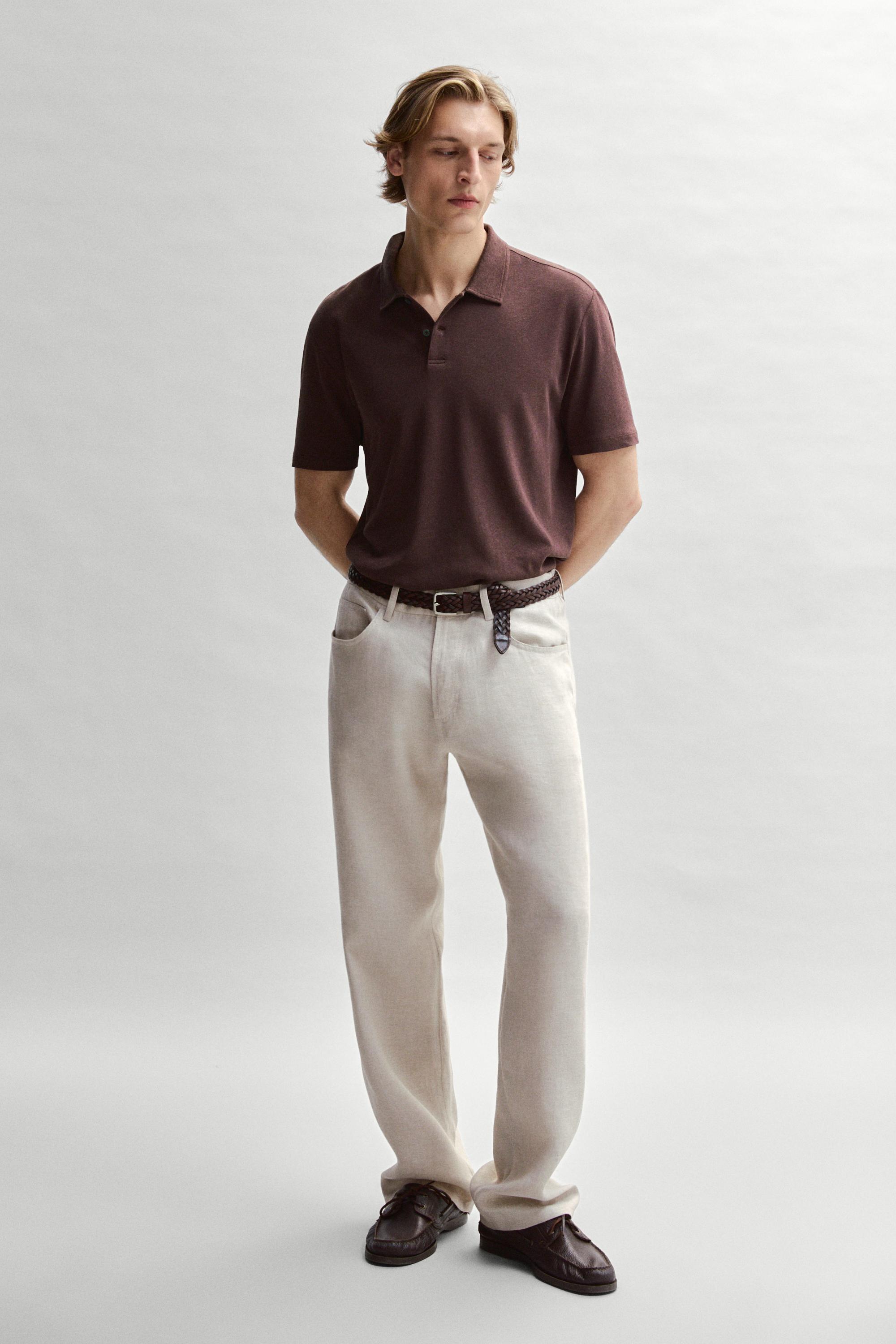 Linen and cotton short sleeve polo shirt — BURGUNDY