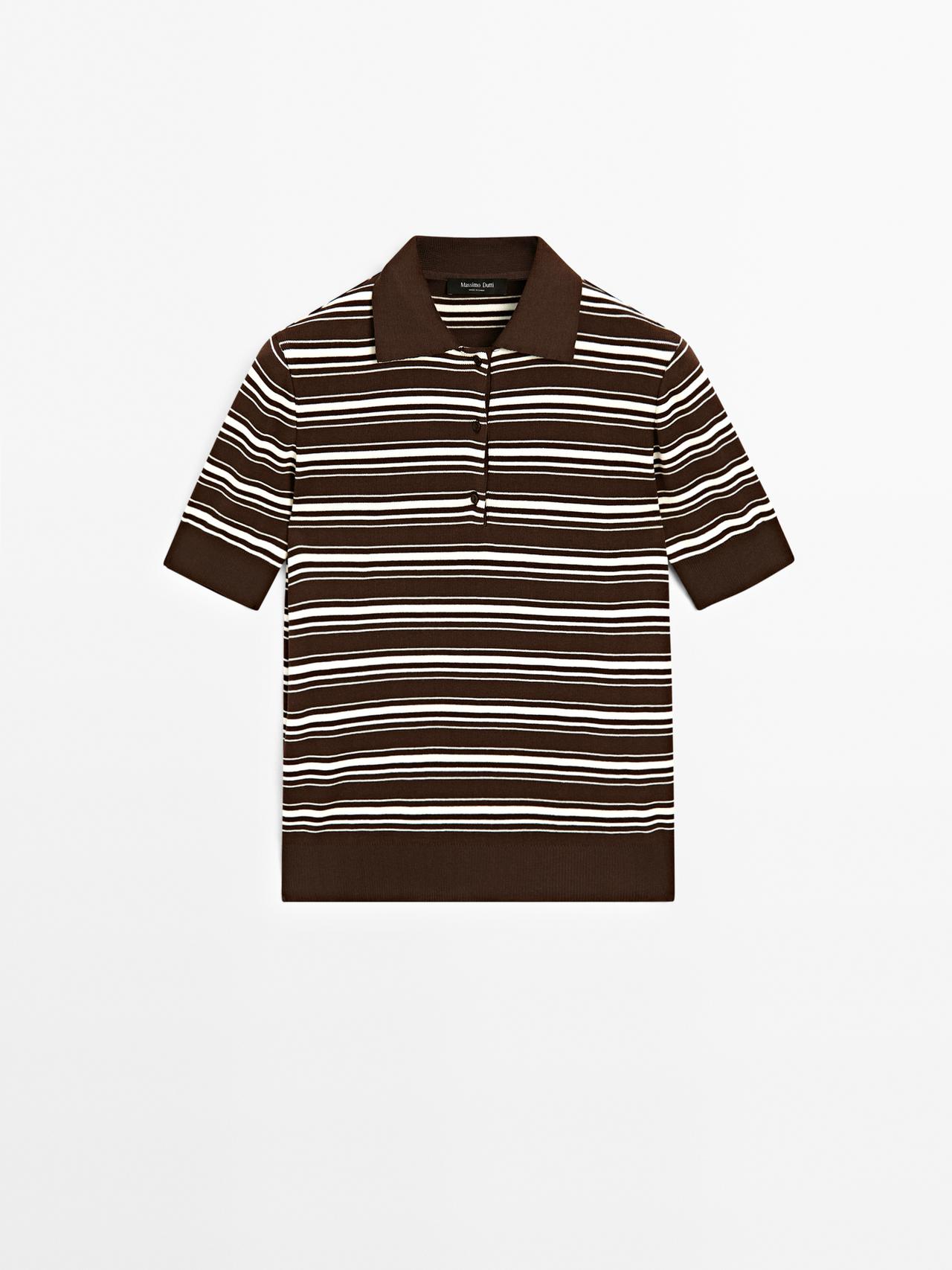 Massimo Dutti - Dame - Poloshirt I 100% Bomuld Med Stribede Detaljer - Brun - M