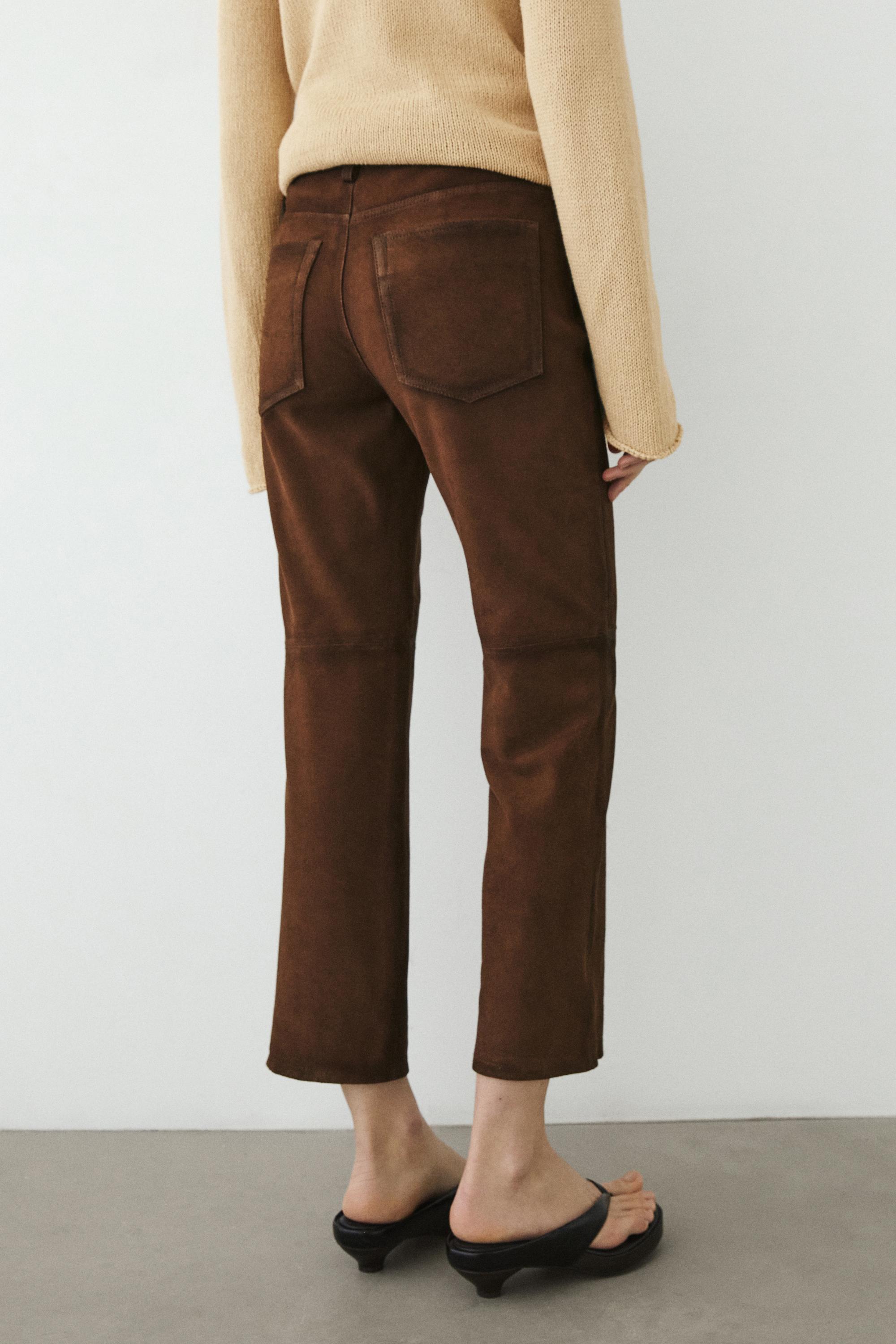 Cropped suede leather trousers with drawstrings — BROWN