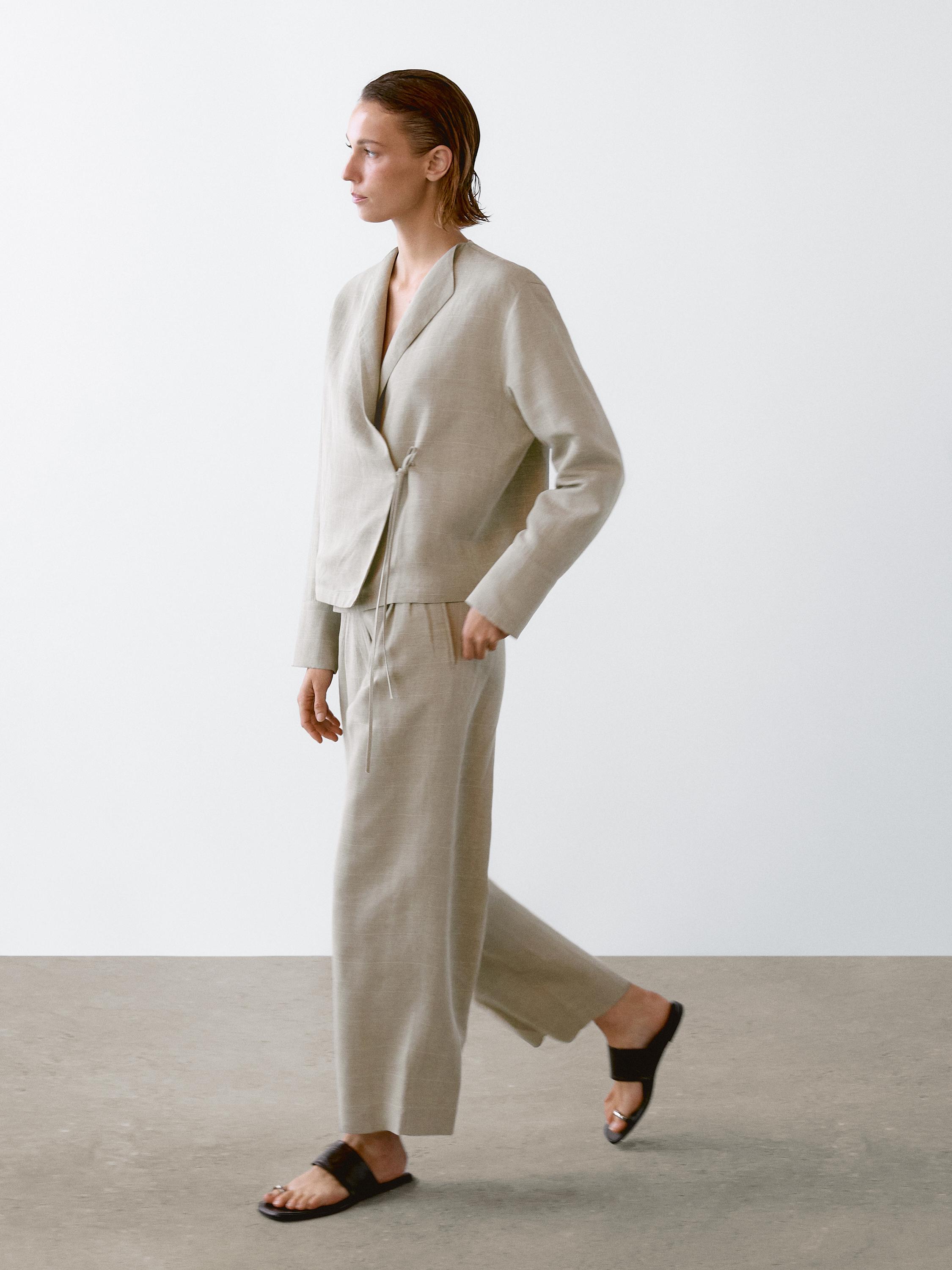 Linen blend check print kimono