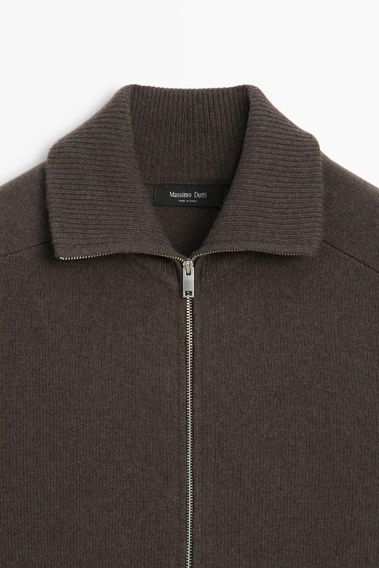 Wool blend zip-up knit cardigan — BROWN