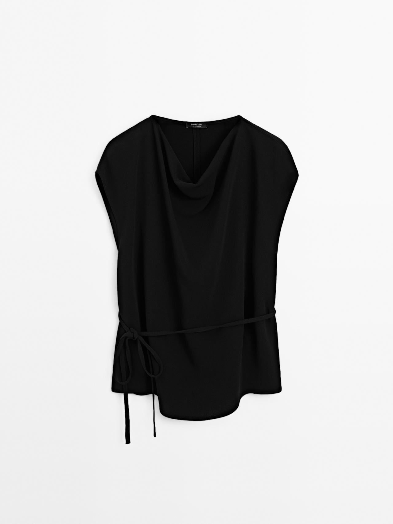 Massimo Dutti - Dames - Crêpe Top Met Gedrapeerde Halslijn - Zwart - M