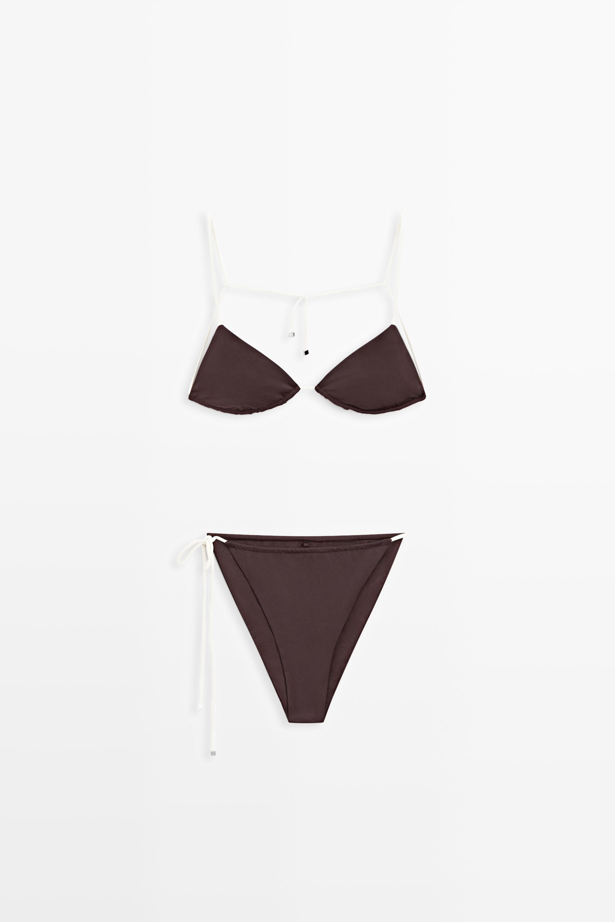Contrast tie triangle bikini top — BROWN