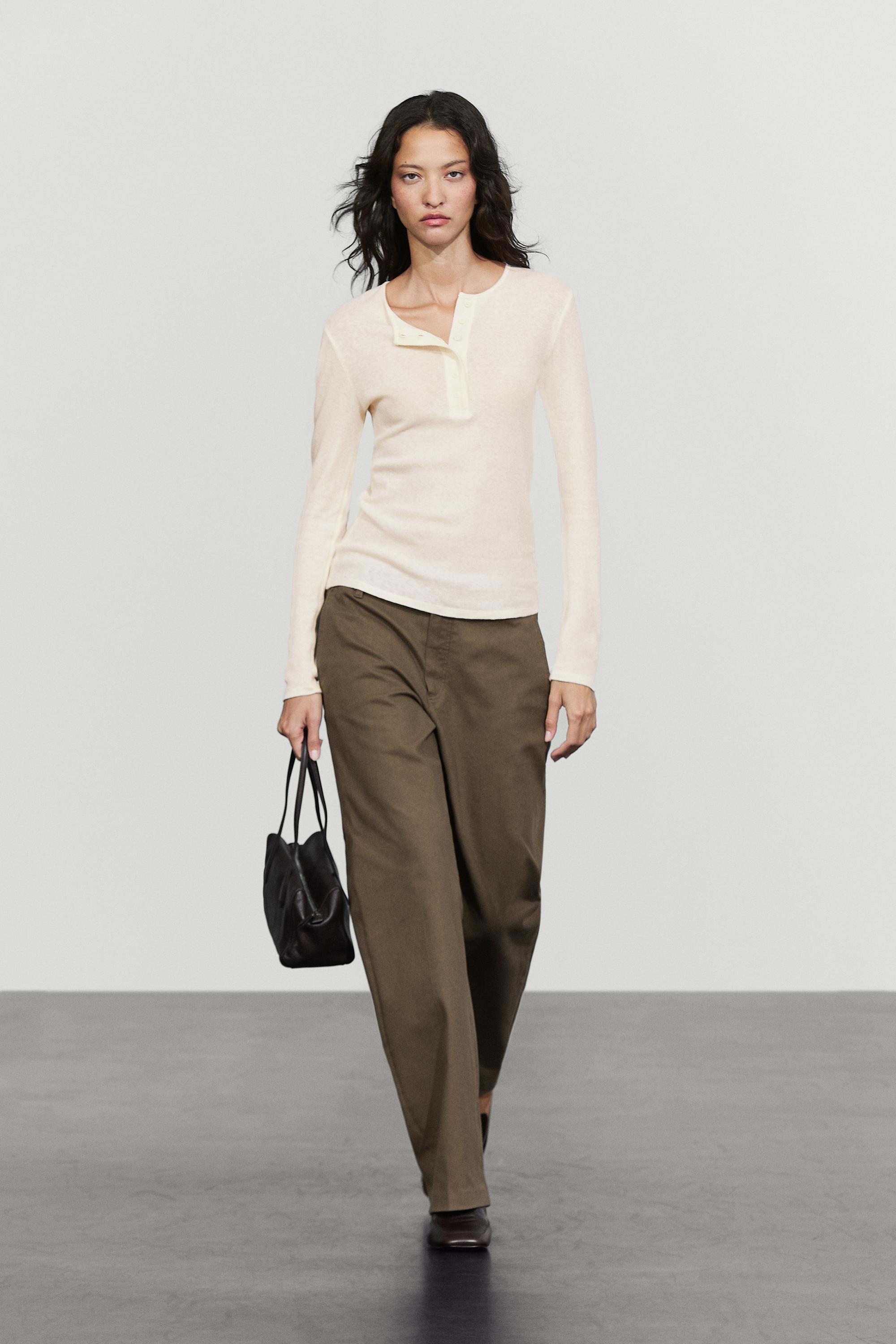 Cotton cashmere long sleeve henley T-shirt