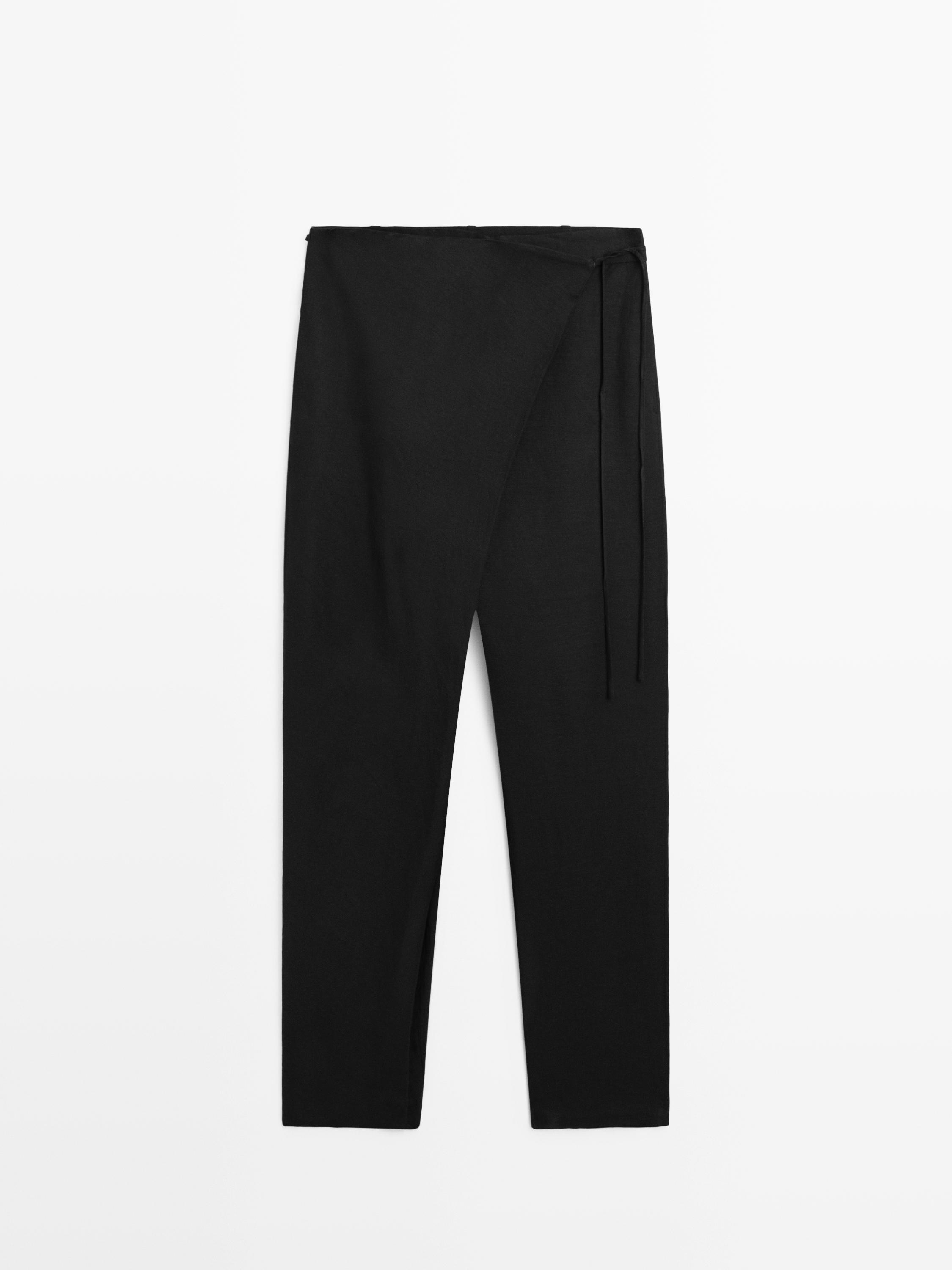 Flowing pareo trousers with tie detail — BLACK