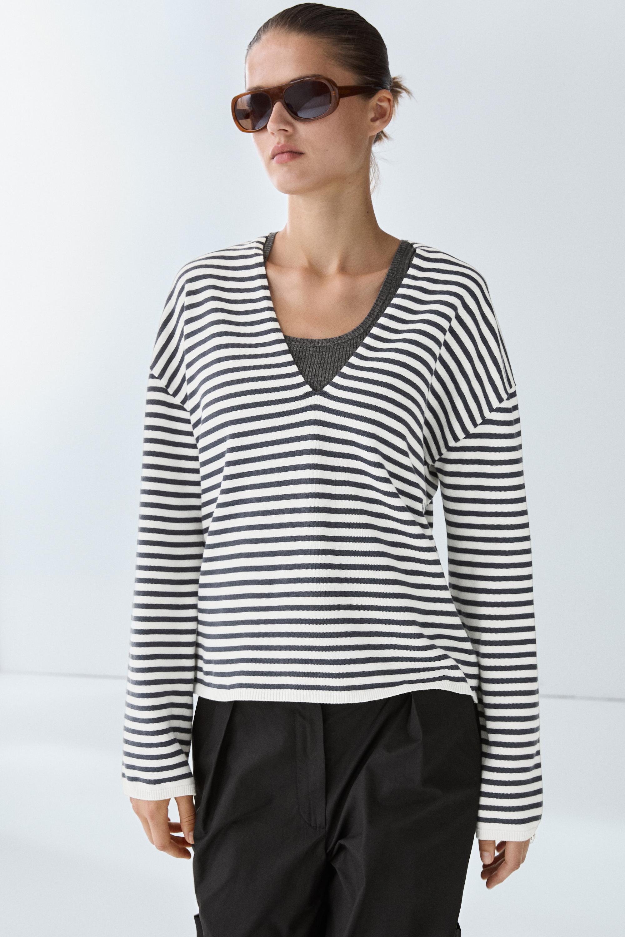 Striped V-neck knit sweater — CREAM
