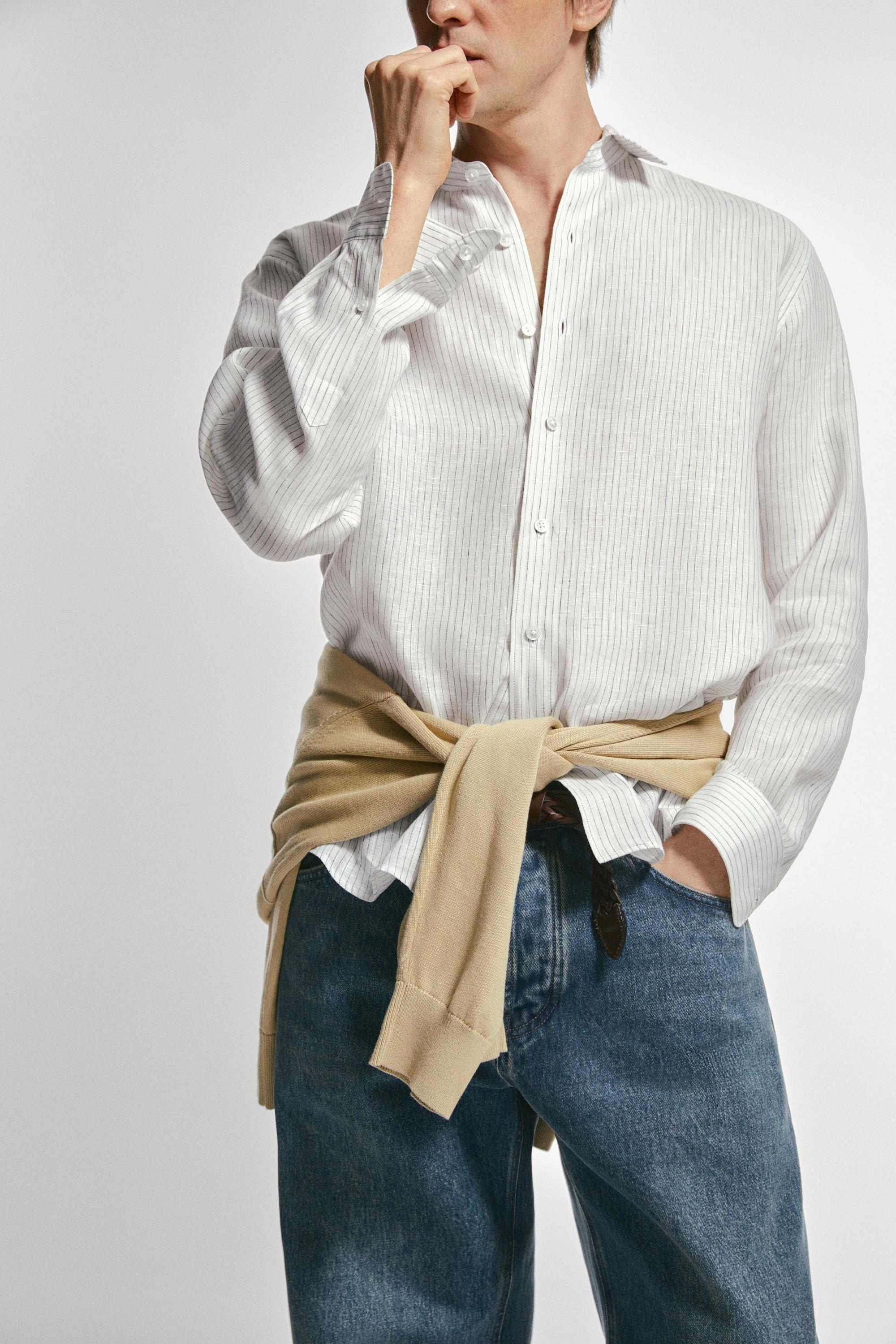 Regular fit striped linen shirt — WHITE