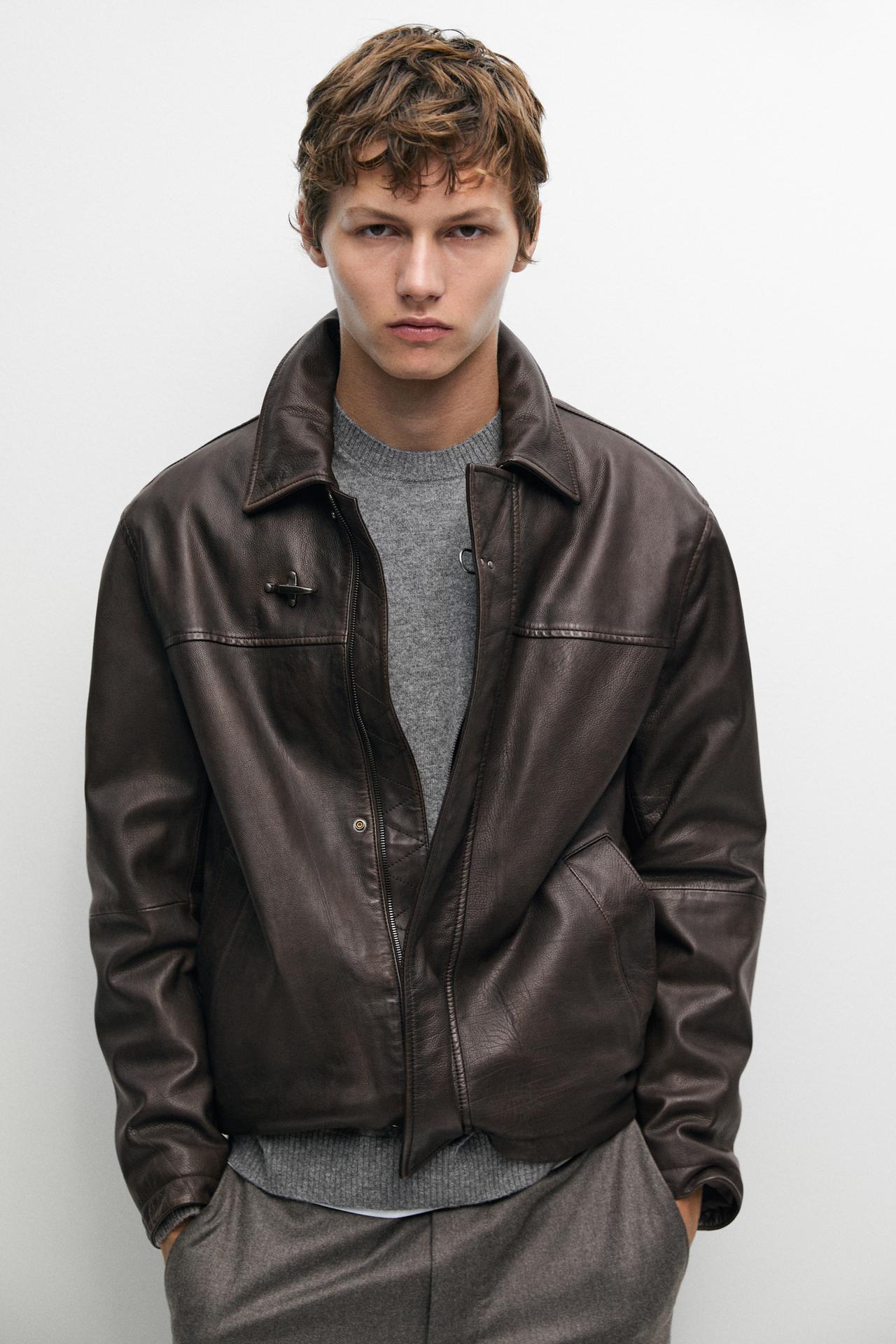 Nappa leather jacket with toggle details — BROWN