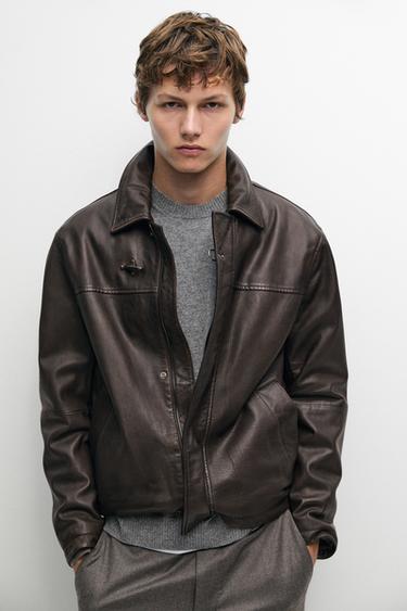 Nappa leather jacket with toggle details — BROWN 3