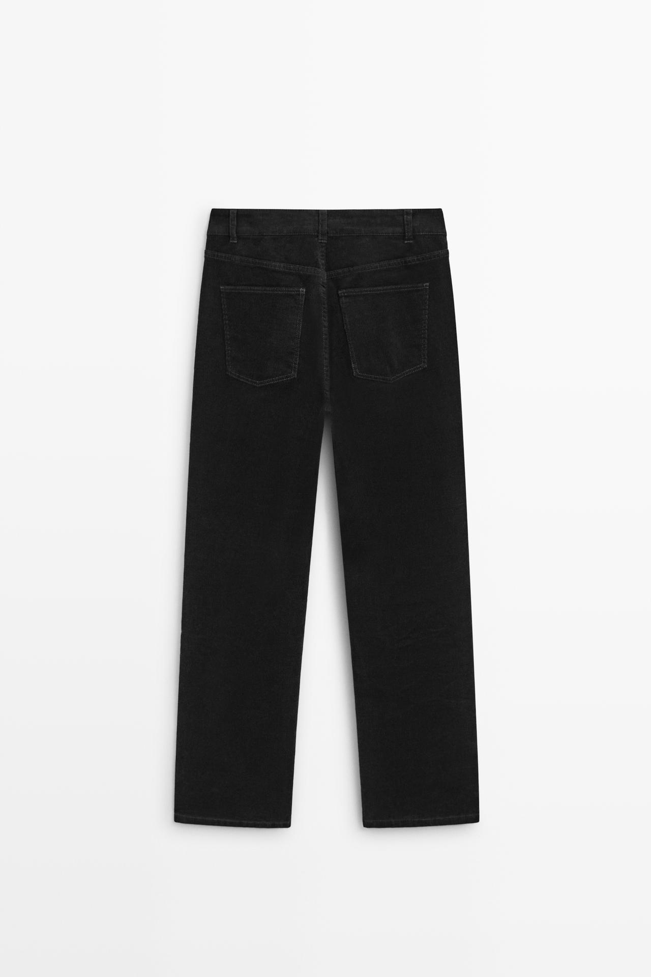 Mid-waist slim straight needlecord pants — BLACK