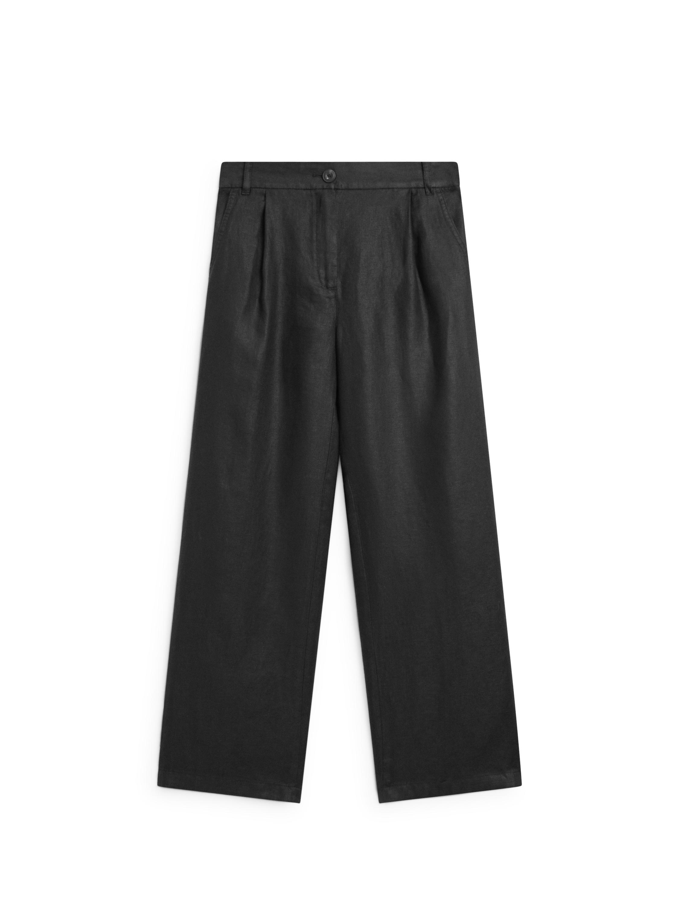 100% linen wide-leg elasticated trousers — BLACK