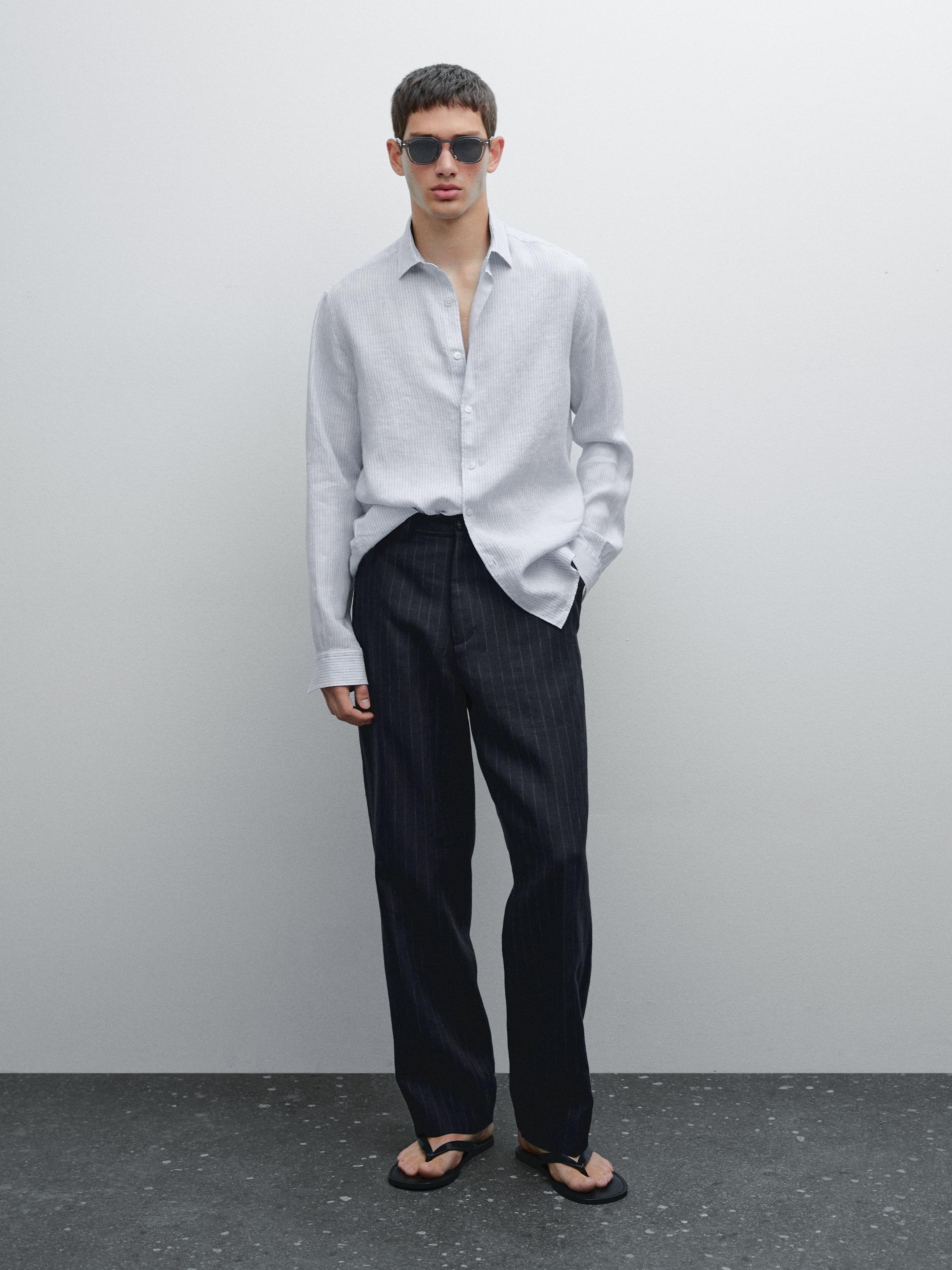 Slim fit striped 100% linen shirt