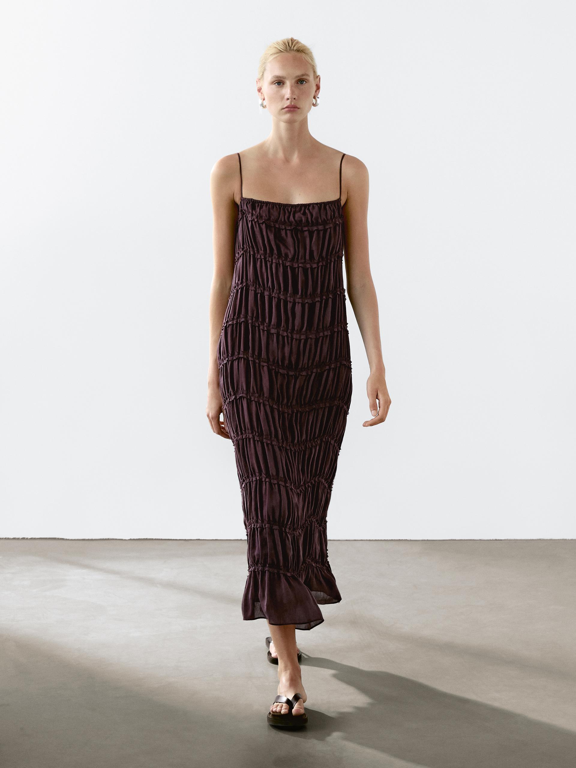 Vestito Lungo Morbido In Misto Lino - Bordeaux - L - Massimo Dutti - Femminile