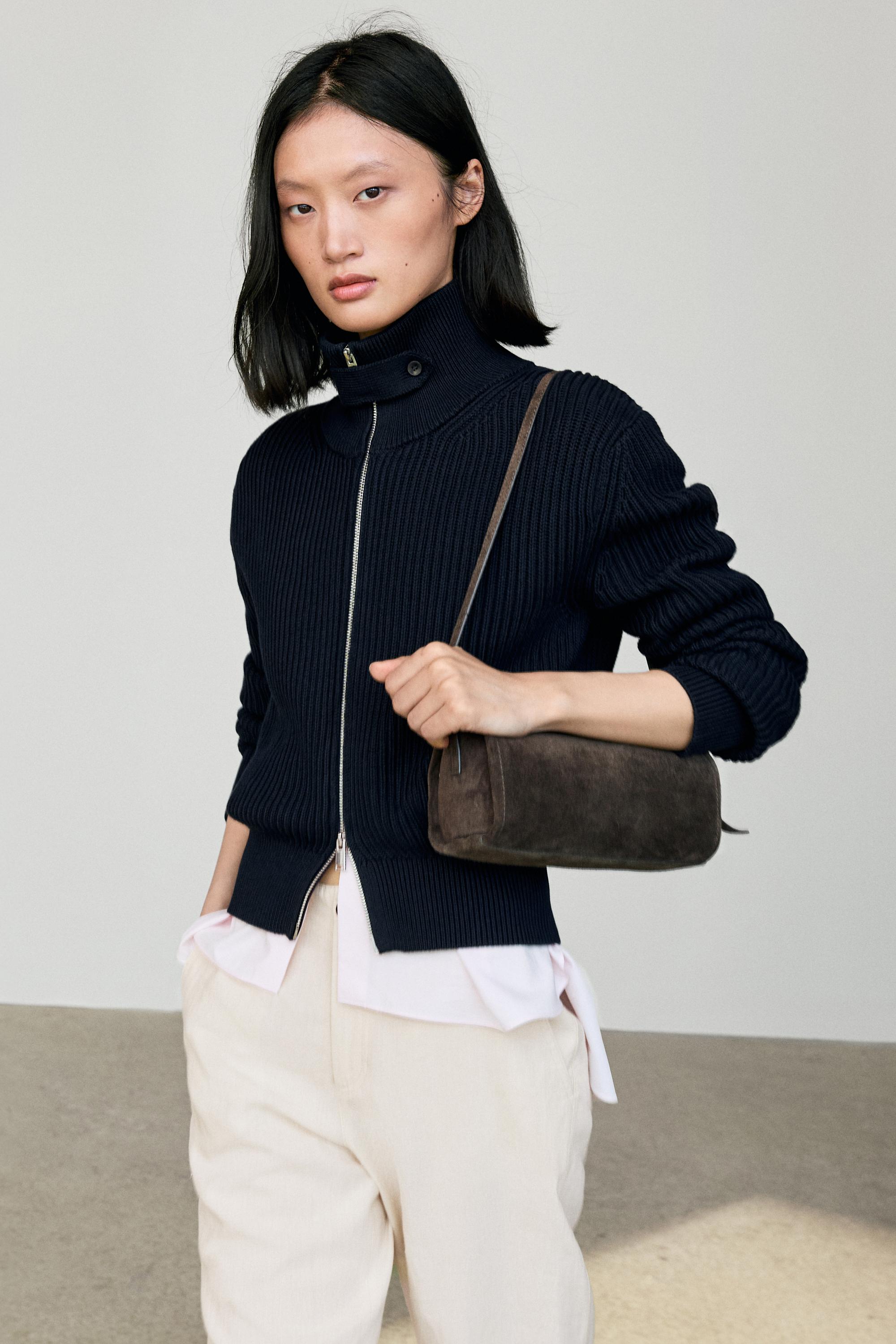 100% cotton knit cardigan with high neck detail — NAVY BLUE