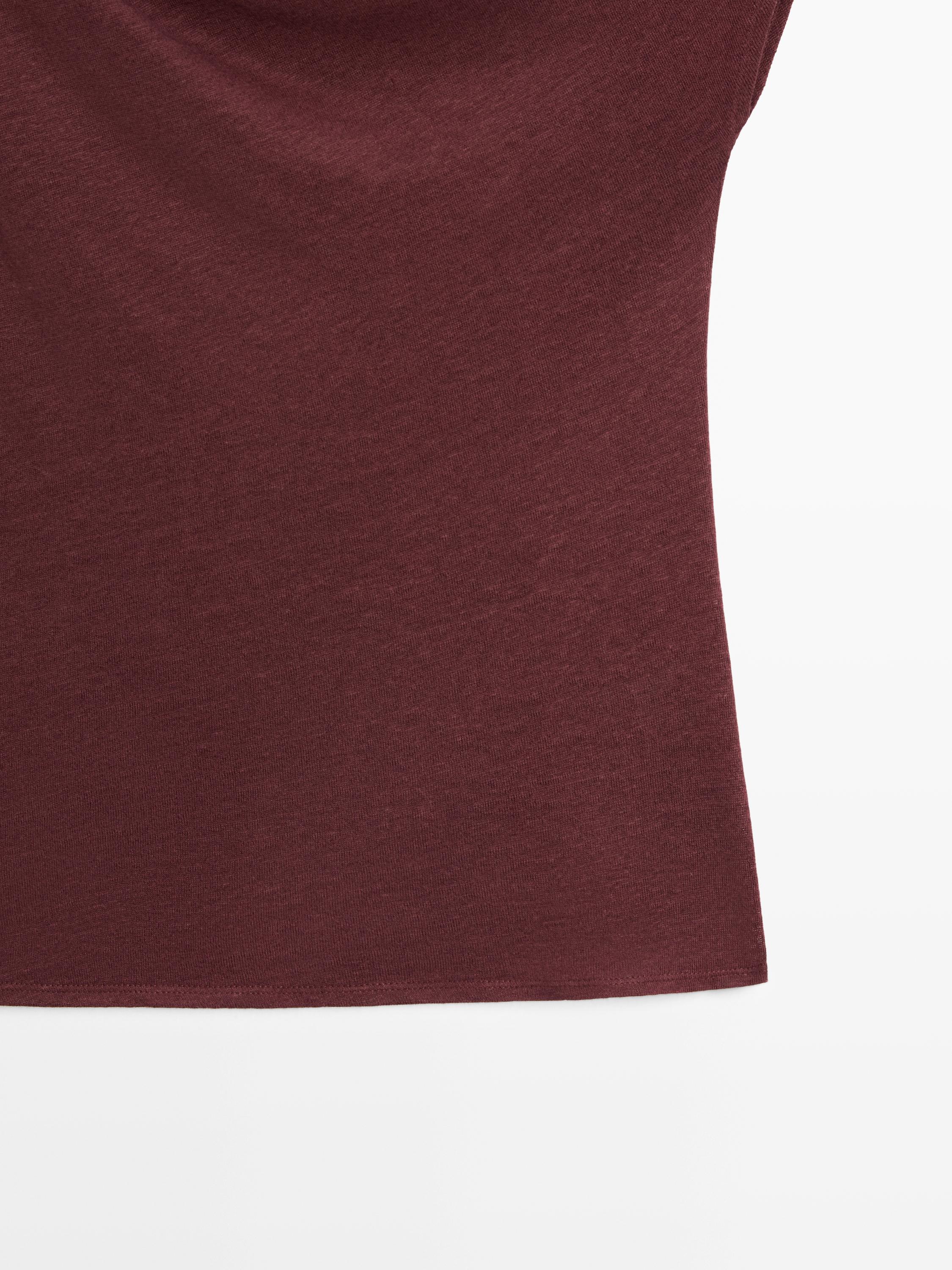 Asymmetric linen blend top with draped detail — BURGUNDY