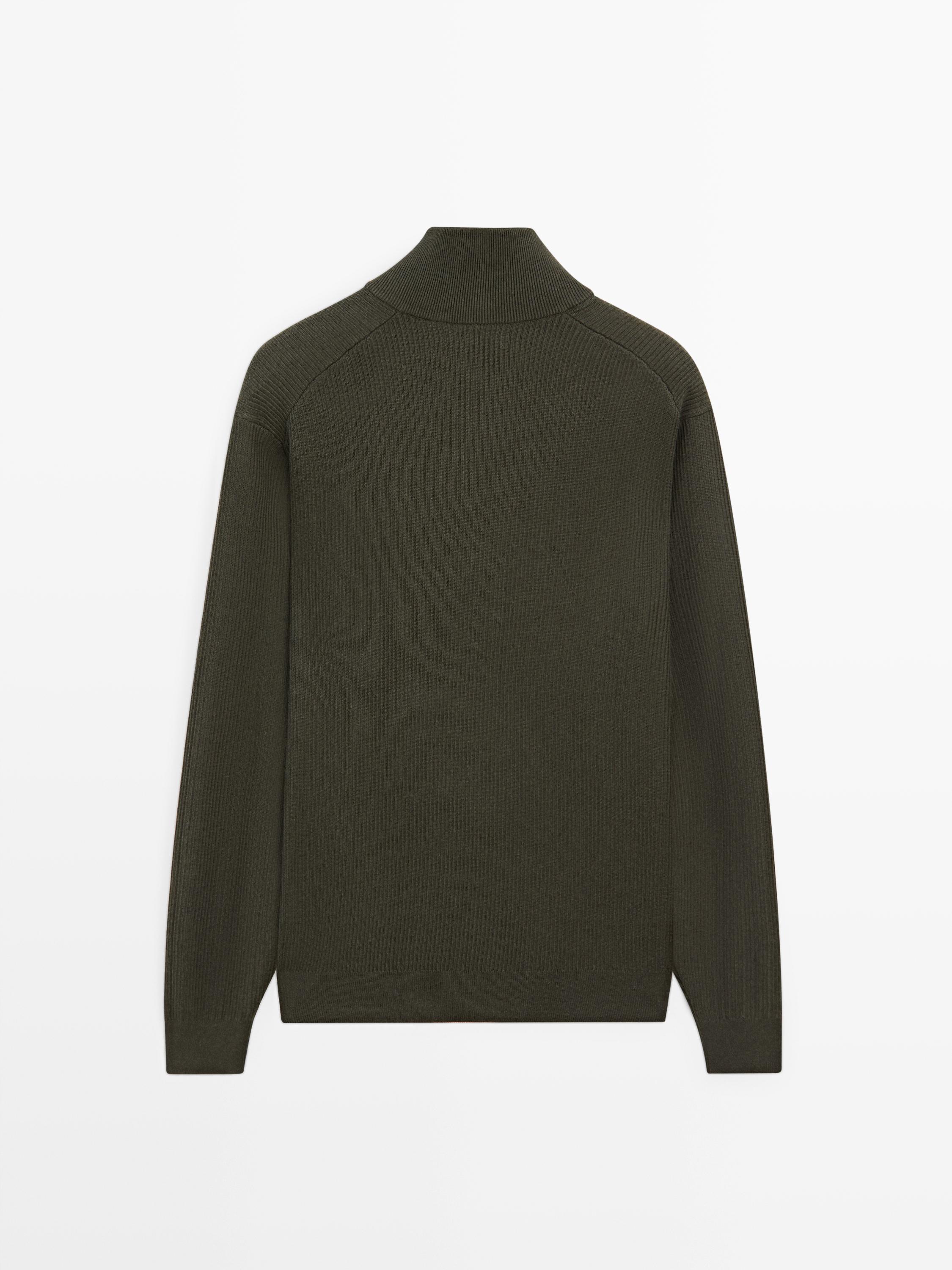 Mock neck knit sweater with V-neck — DARK GREEN