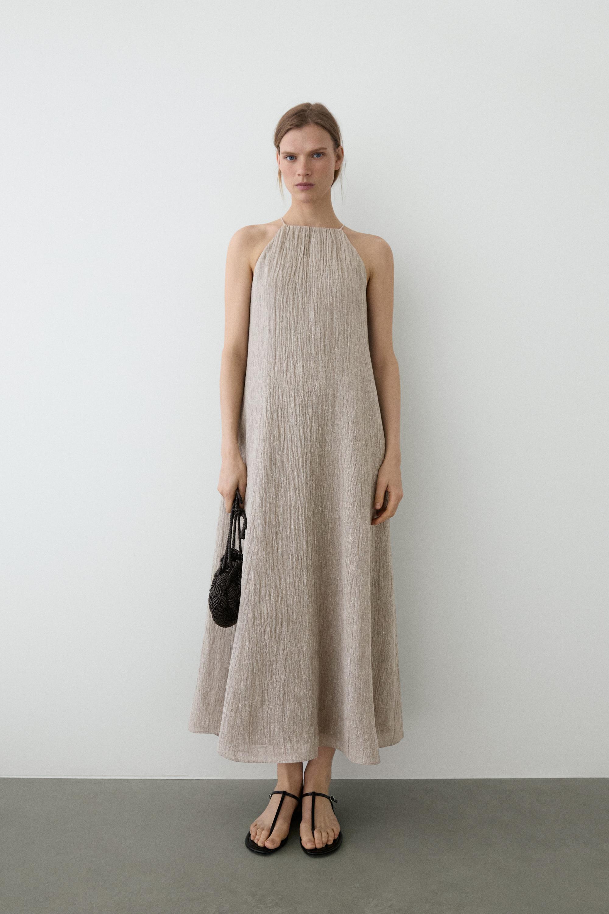 Flowing linen blend dress with gathered neckline — GREY