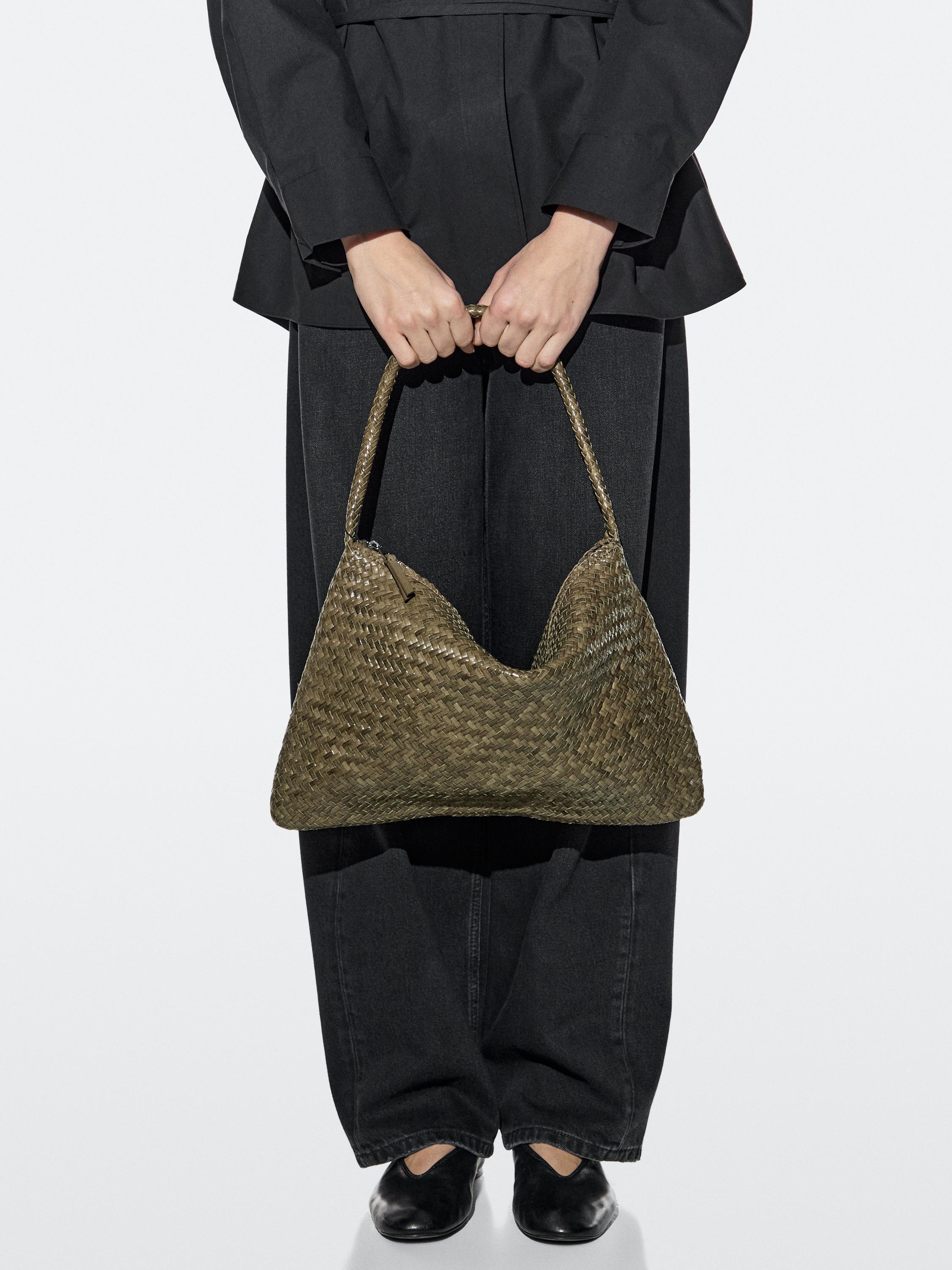 Mid-sized braided leather shoulder bag — KHAKI