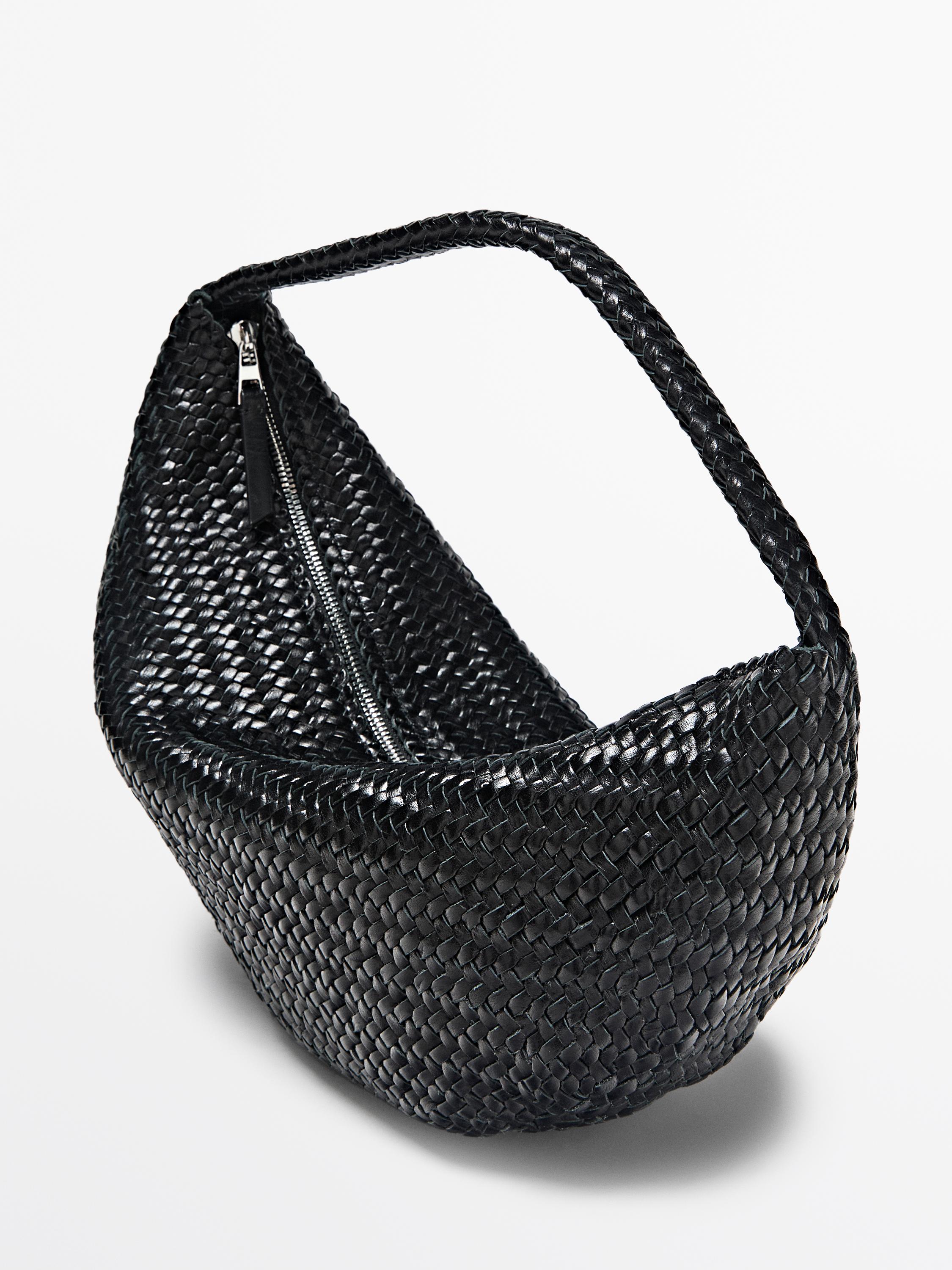 Braided leather half-moon bag — BLACK