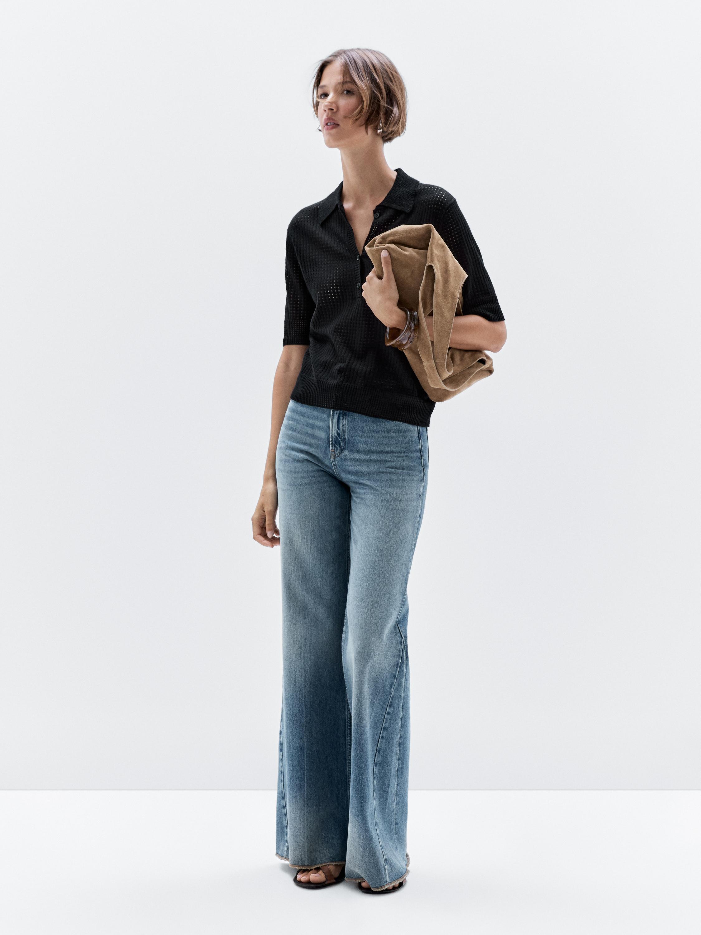 Open knit sweater with polo collar