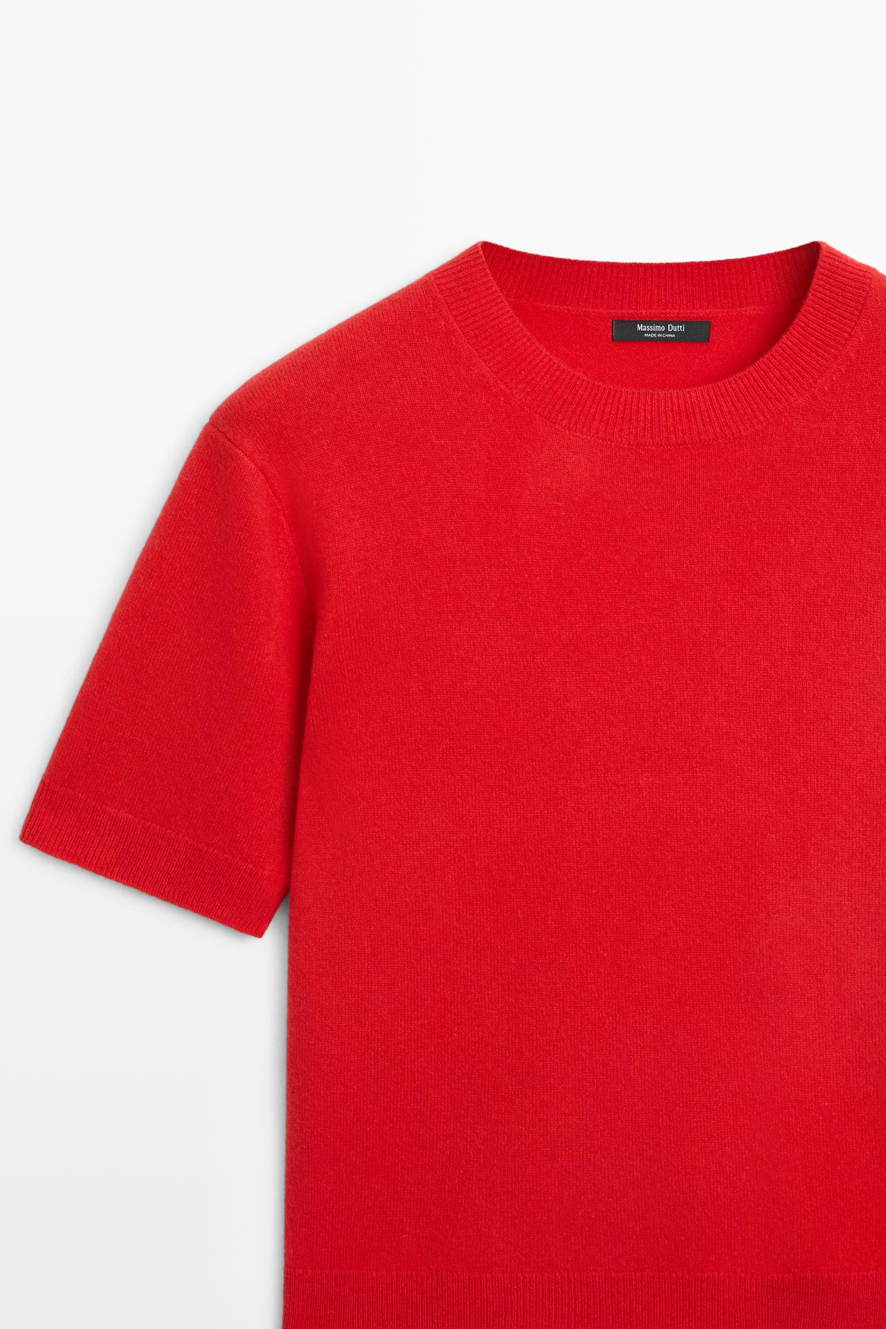 Short sleeve wool blend knit sweater — RED