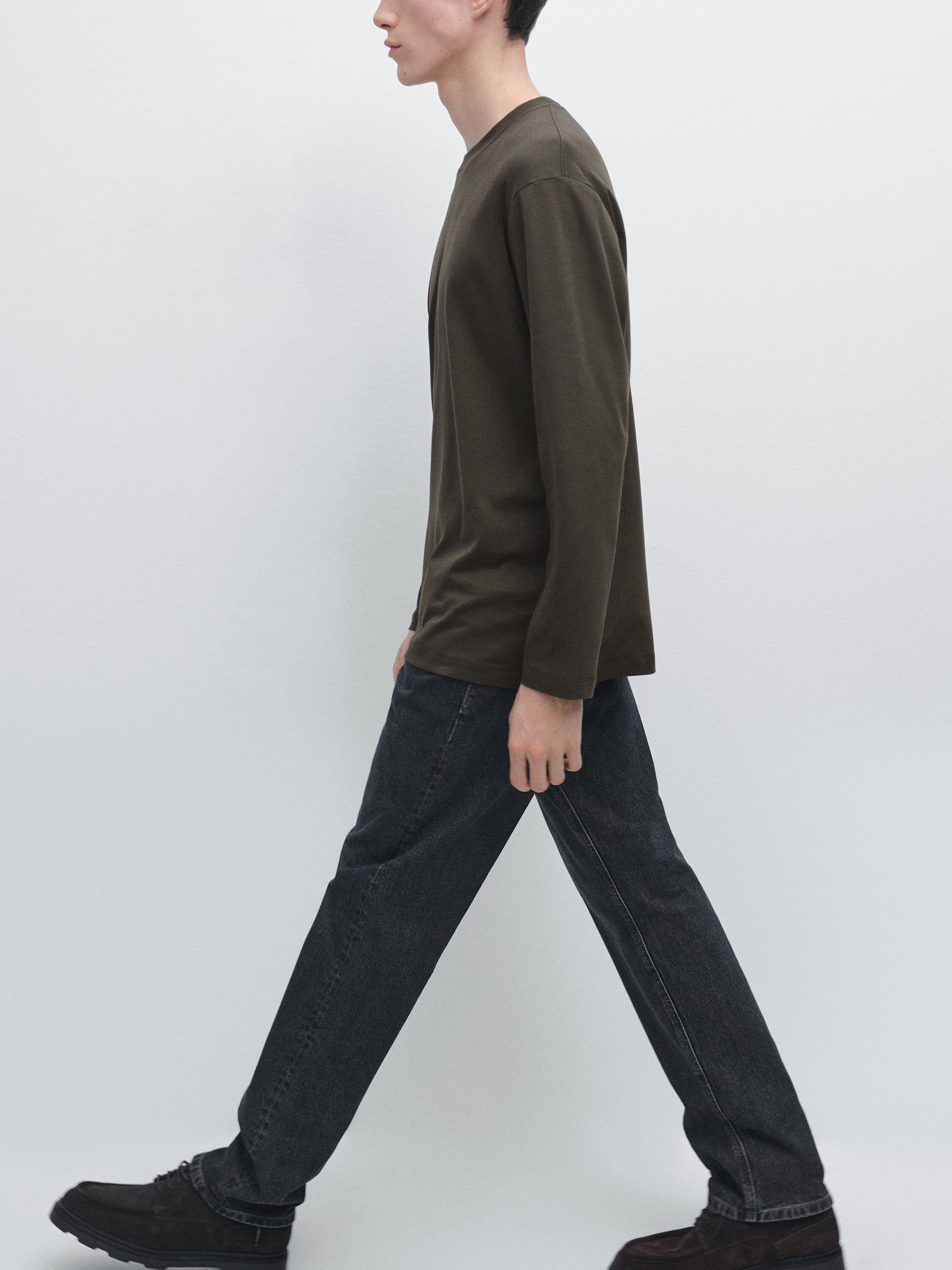 Long sleeve medium weight cotton T-shirt — KHAKI