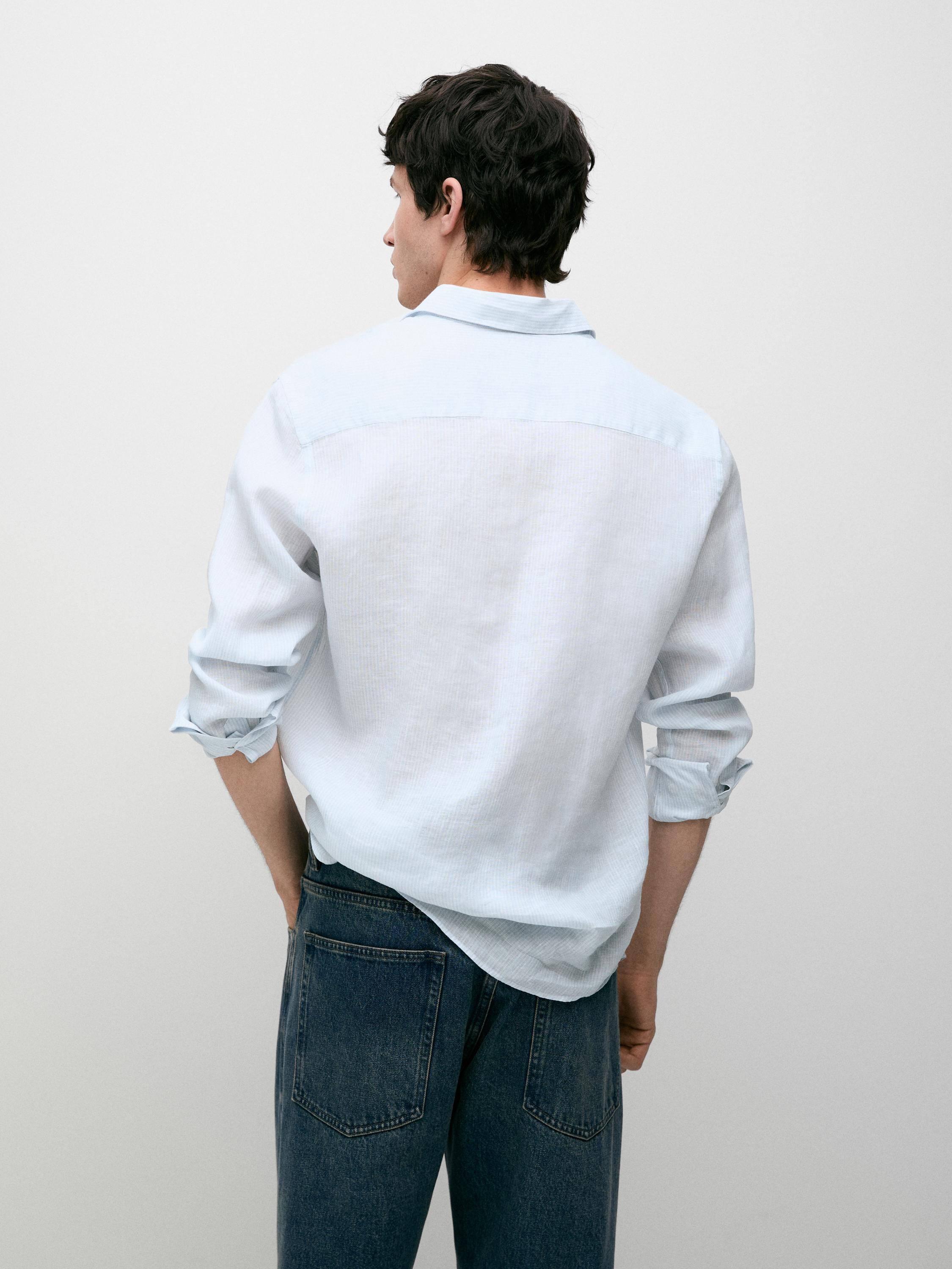Striped slim fit linen shirt — Sky blue