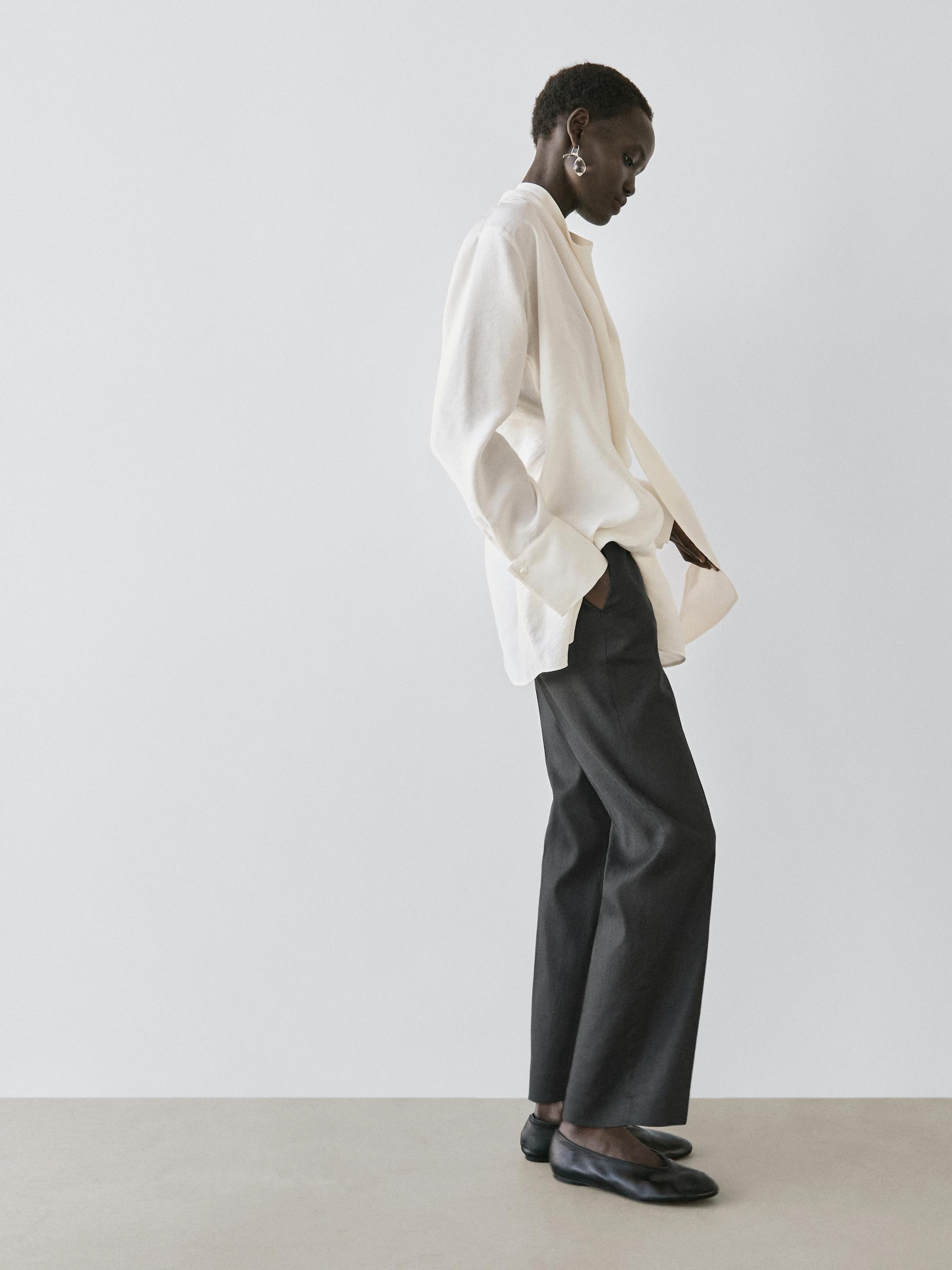 Pantalón Straight Fit Con Lino - Negro - 42 - Massimo Dutti - Mujer