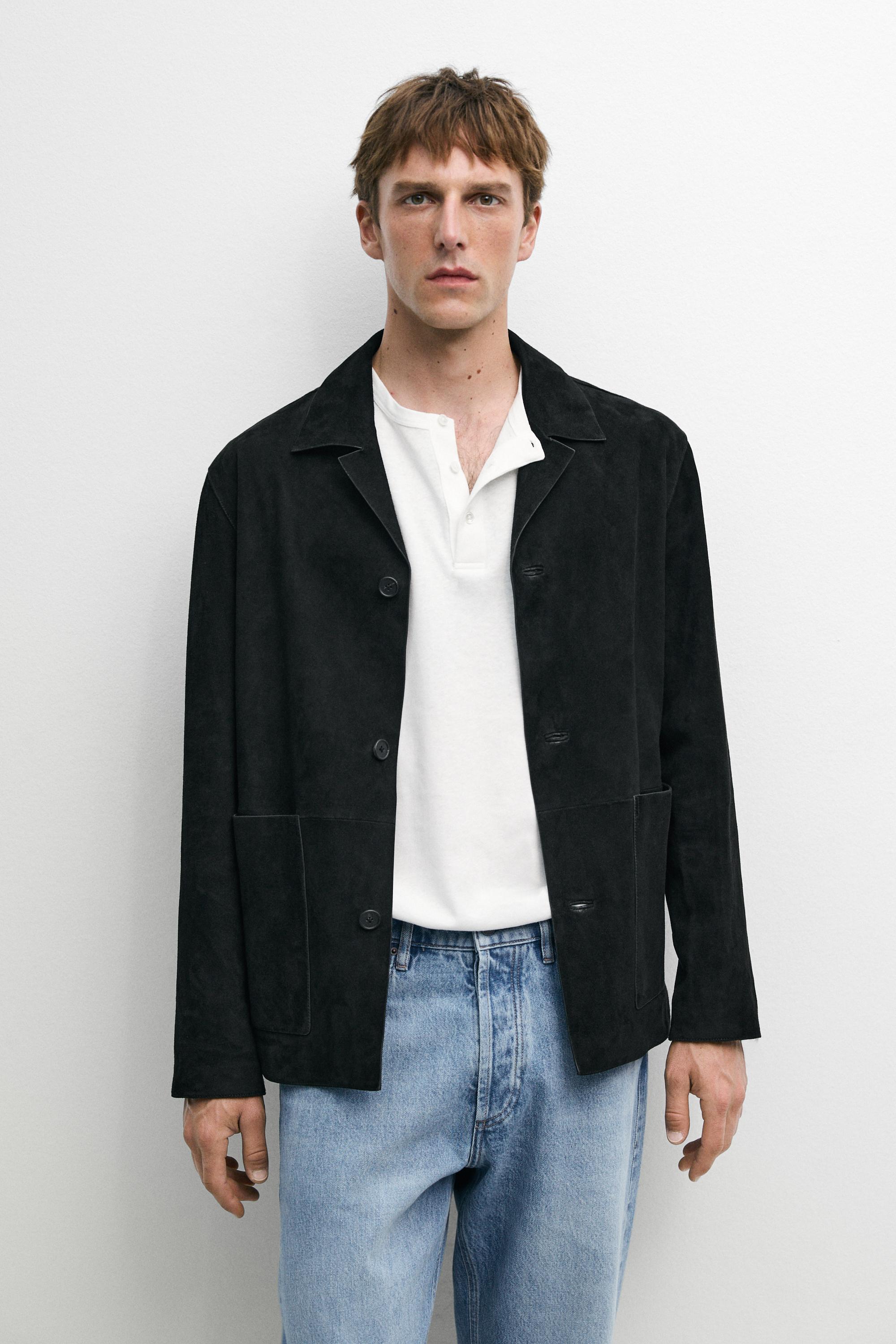 Suede leather jacket with pockets — BLACK