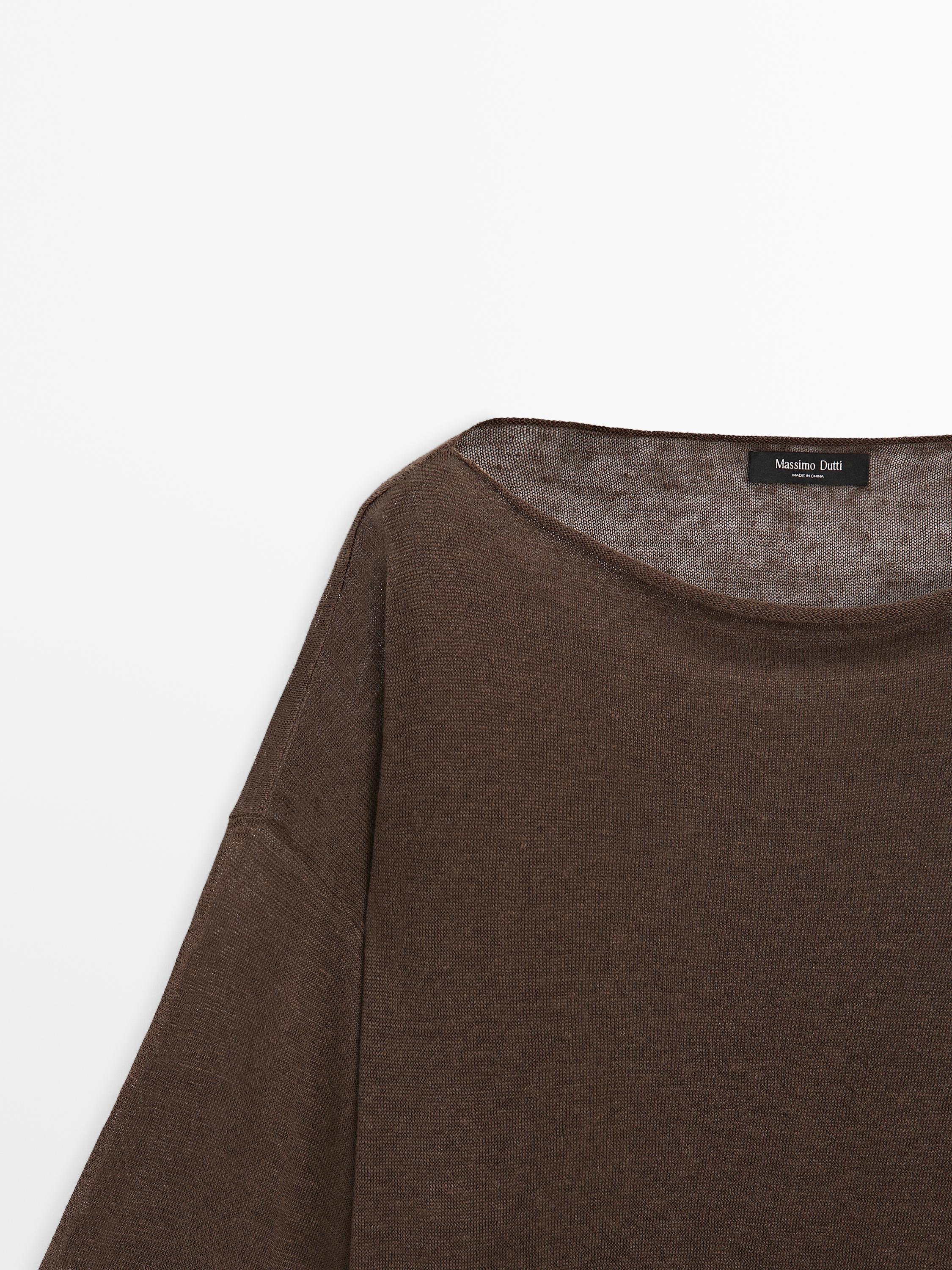 Linen knit boat neck T-shirt — BROWN