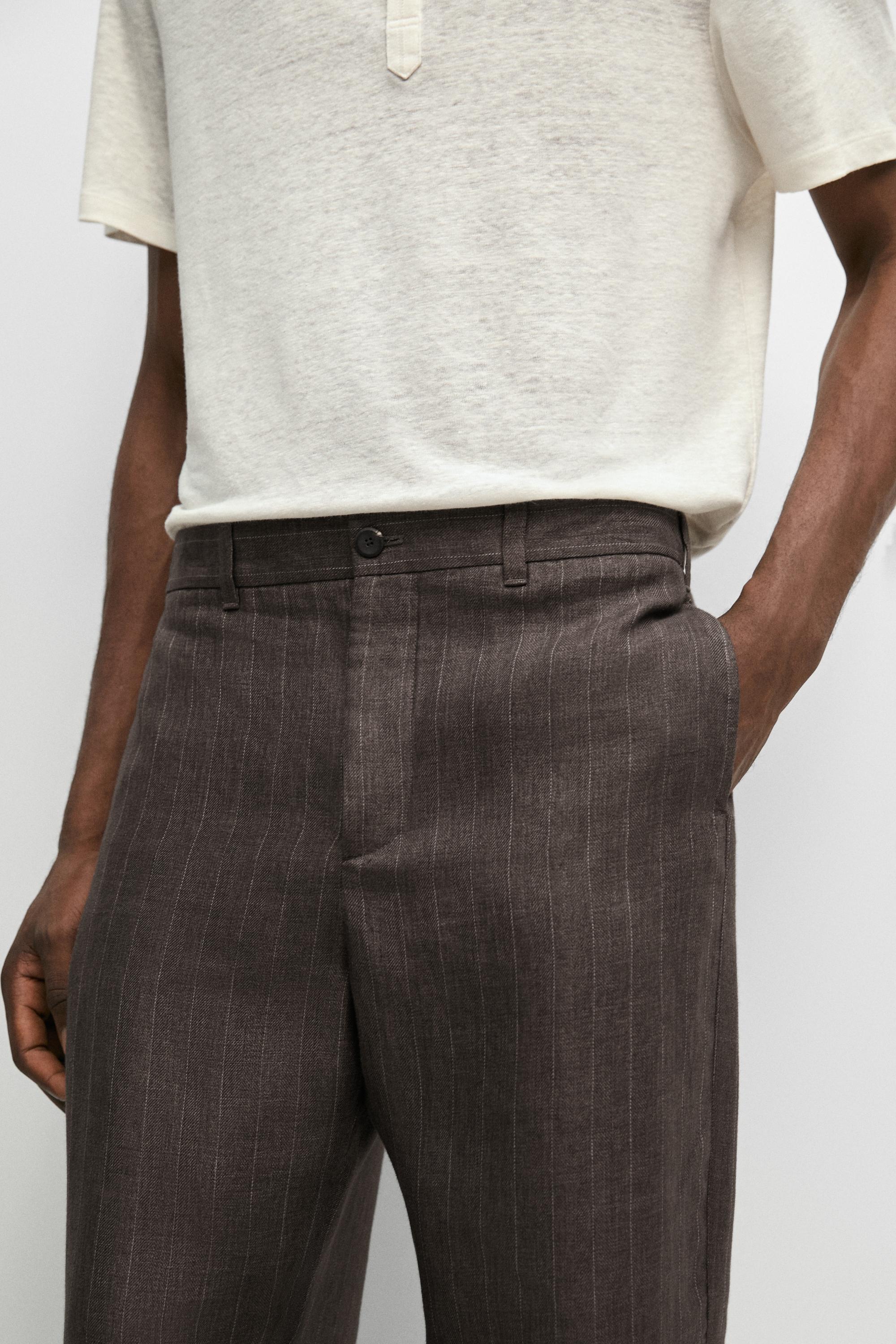 100% linen striped straight-leg pants — BROWN