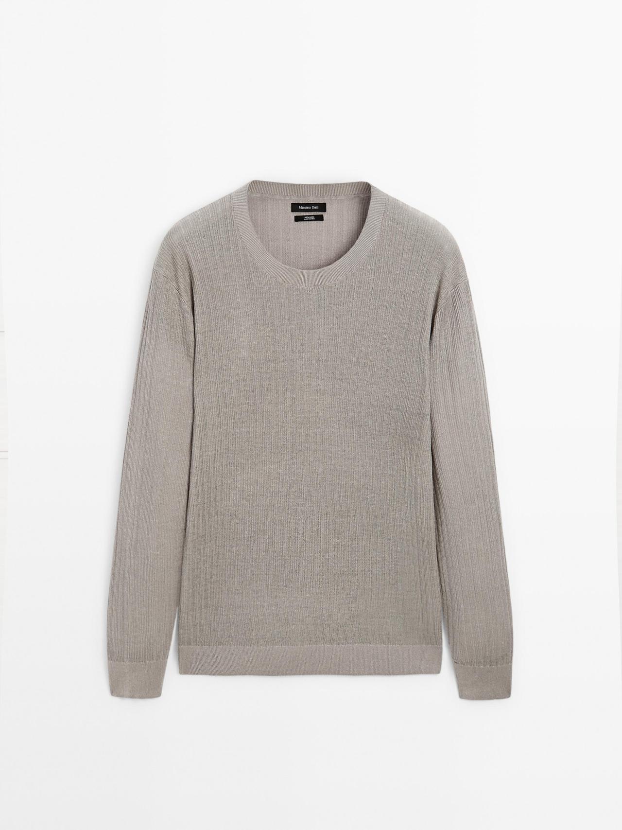 Massimo Dutti - Herre - Ribstrikket Trøje I 100 % Hør - Beige - S