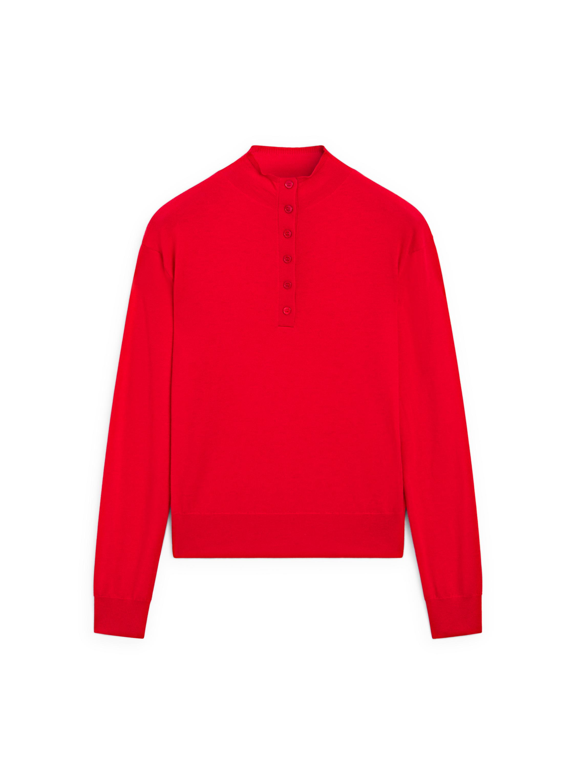 Buttoned mock turtleneck knit sweater — RED