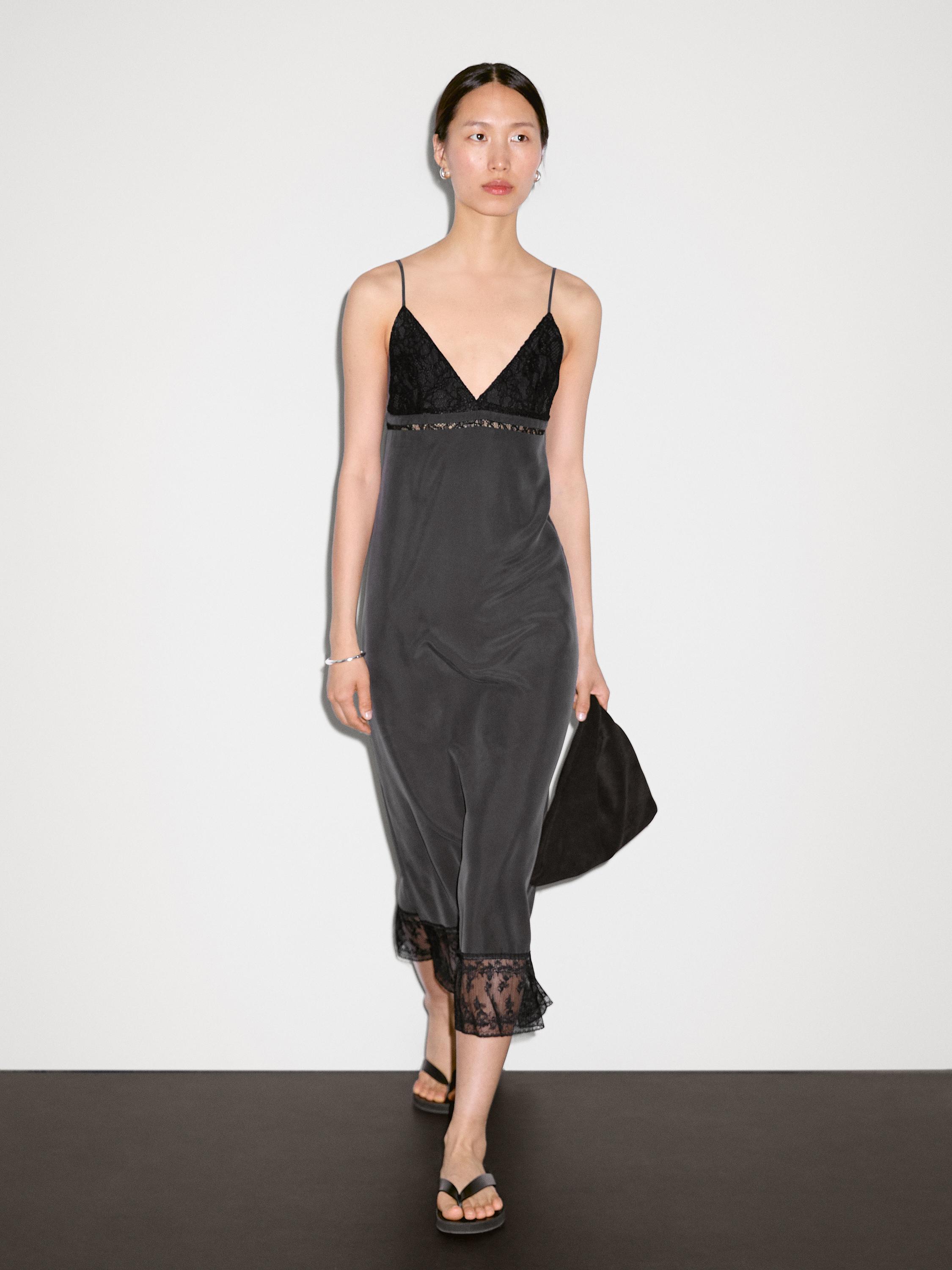 Vestido midi detalle encaje 100% seda