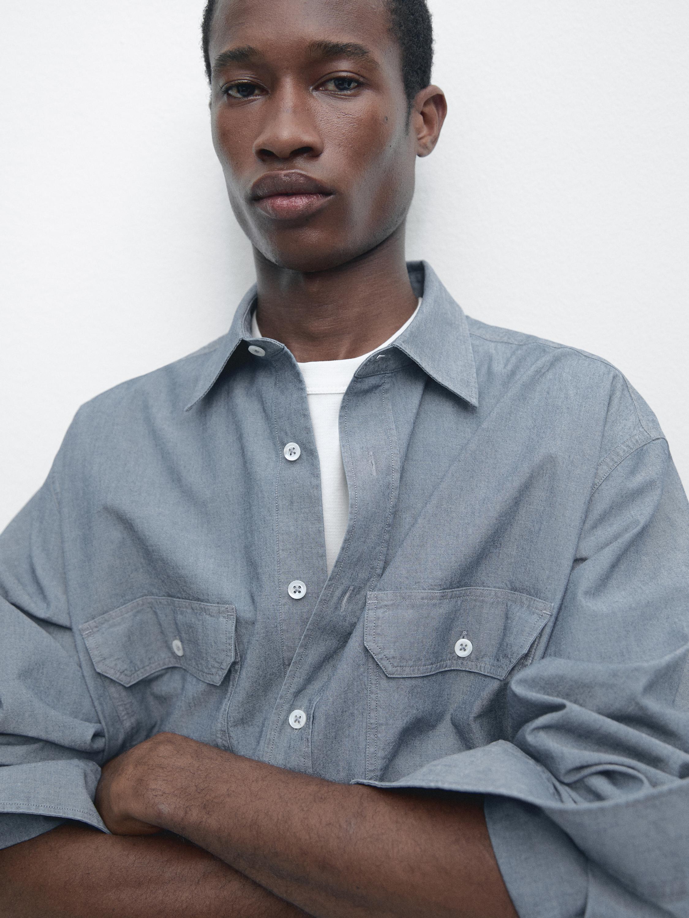 Regular fit chambray shirt with pocket details — SKY BLUE