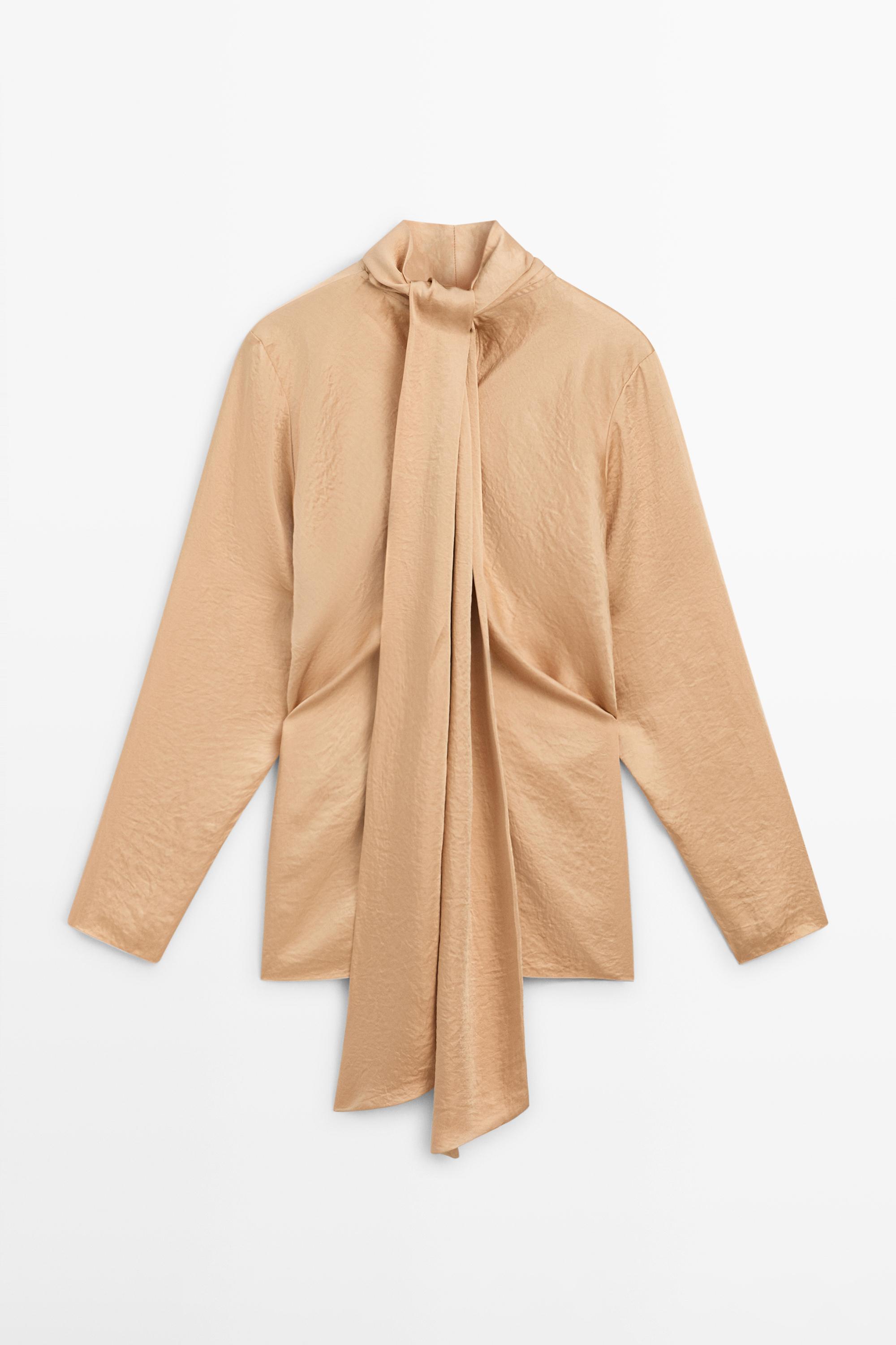 Flowing satin blouse with tie detail - STUDIO — Beige