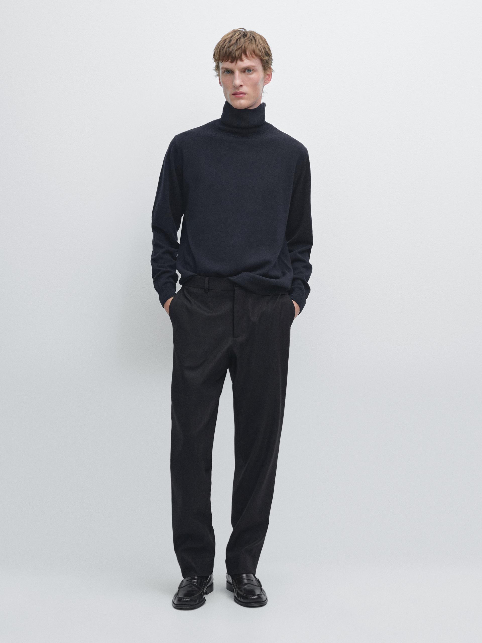 Pull À Col Montant En Maille De Laine Mélangée - Bleu Marine - L - Massimo Dutti - Homme