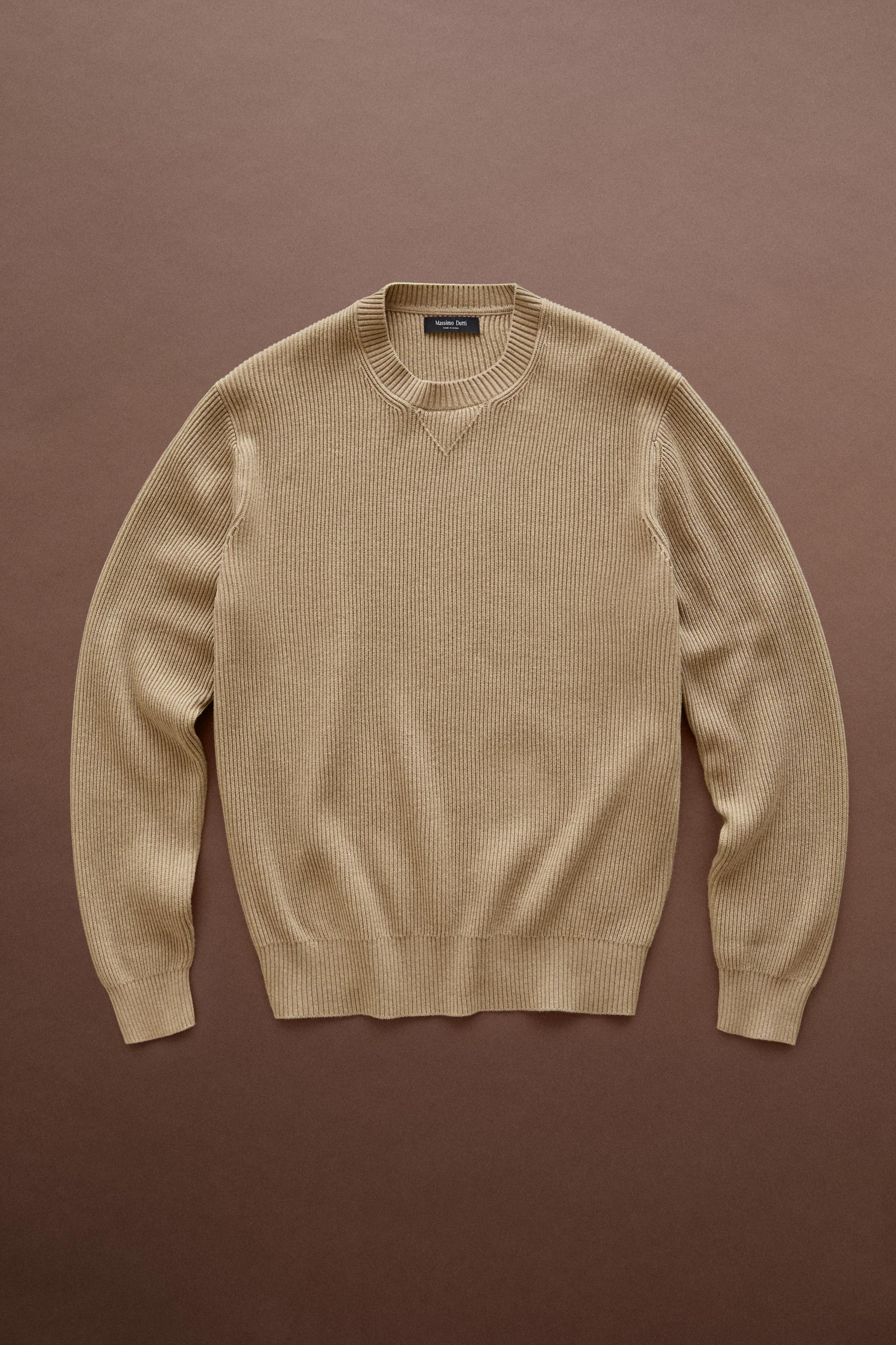 Cotton blend ribbed knit sweater — CREAM
