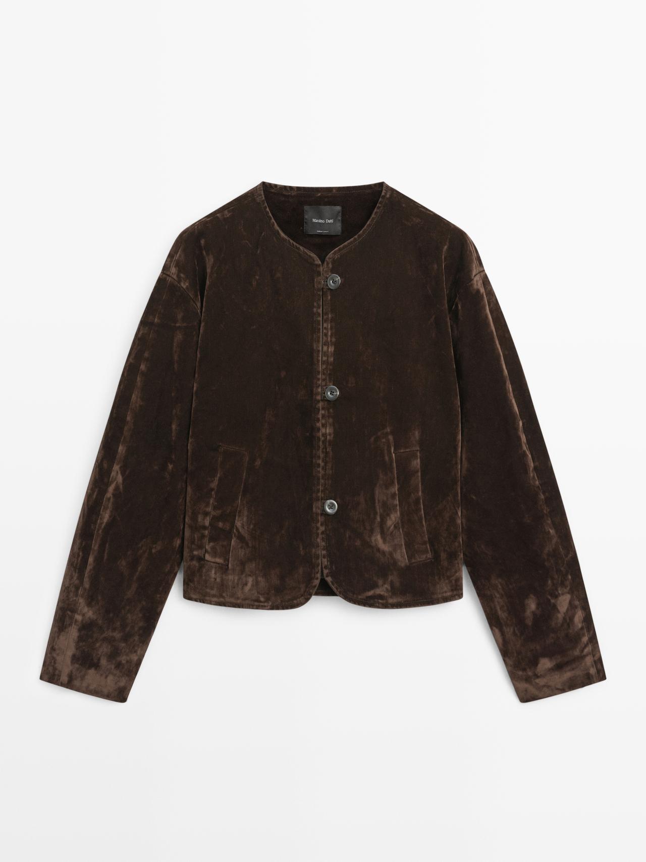 Massimo Dutti - Dame - Kort Denimjakke Med Flock-Finish - Chokolade - S