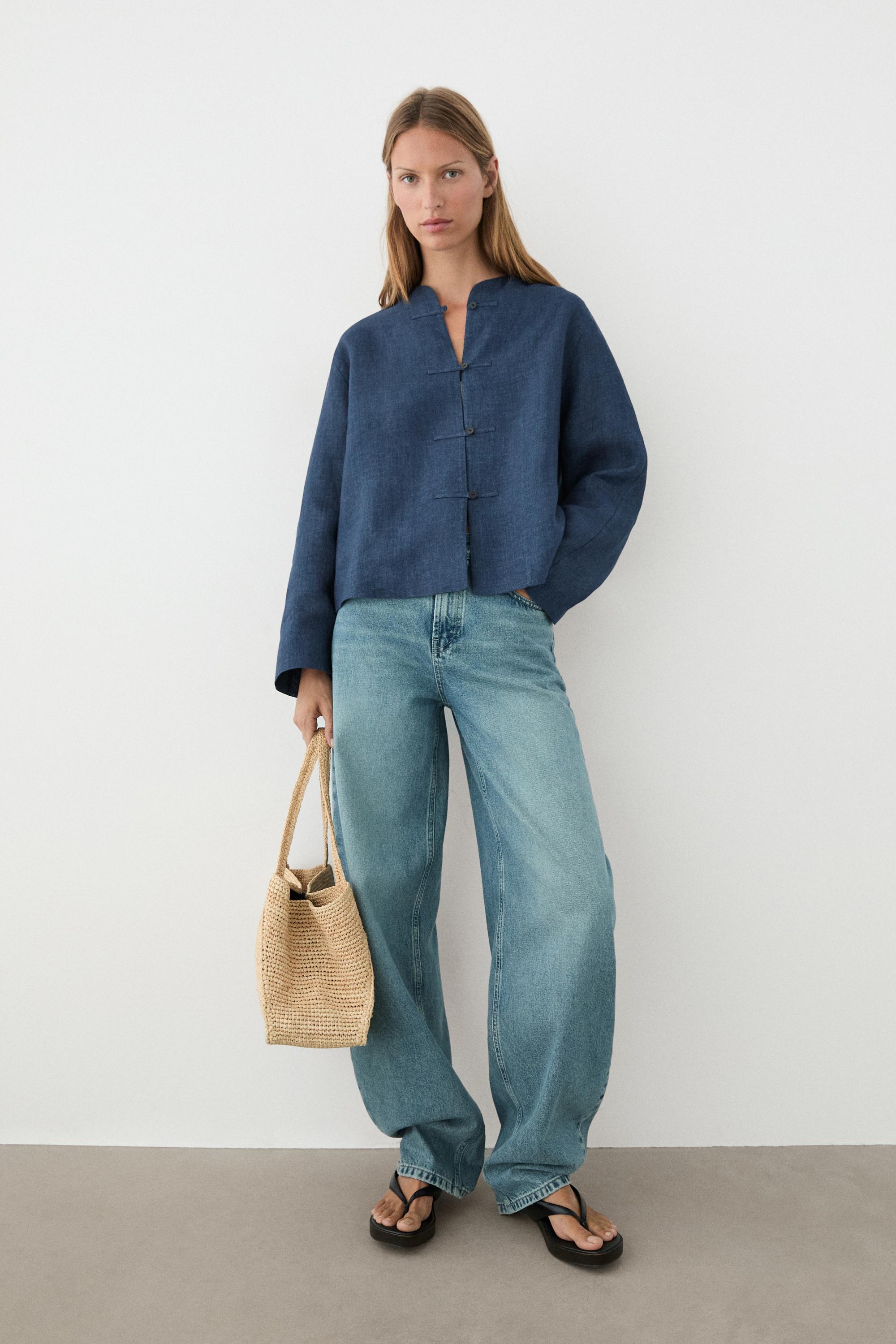 100% linen overshirt with toggle details — BLUE