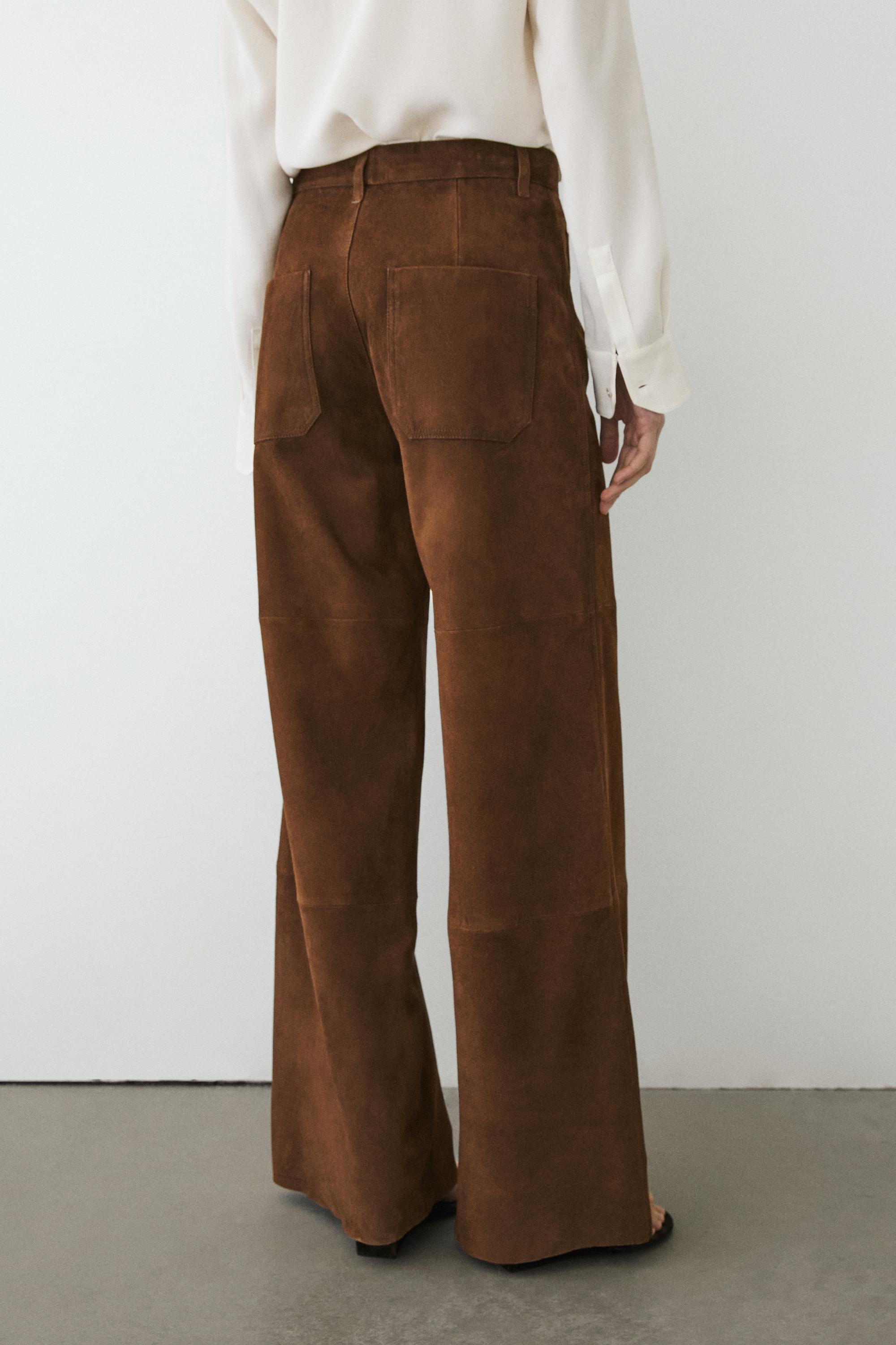 Suede leather wide-leg trousers with pockets — BROWN