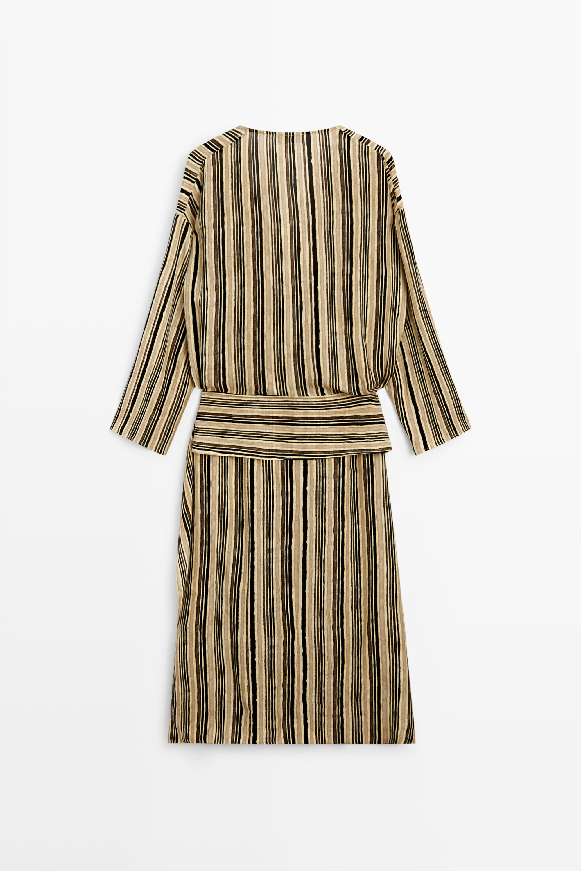 Striped midi dress with corset belt — Mustard