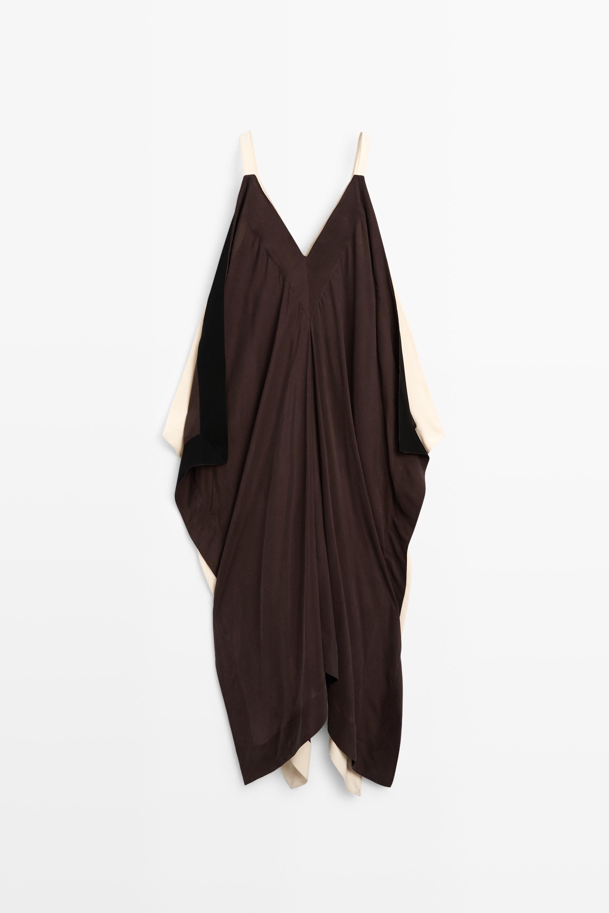 Flowing midi dress with contrast trim detail — BROWN