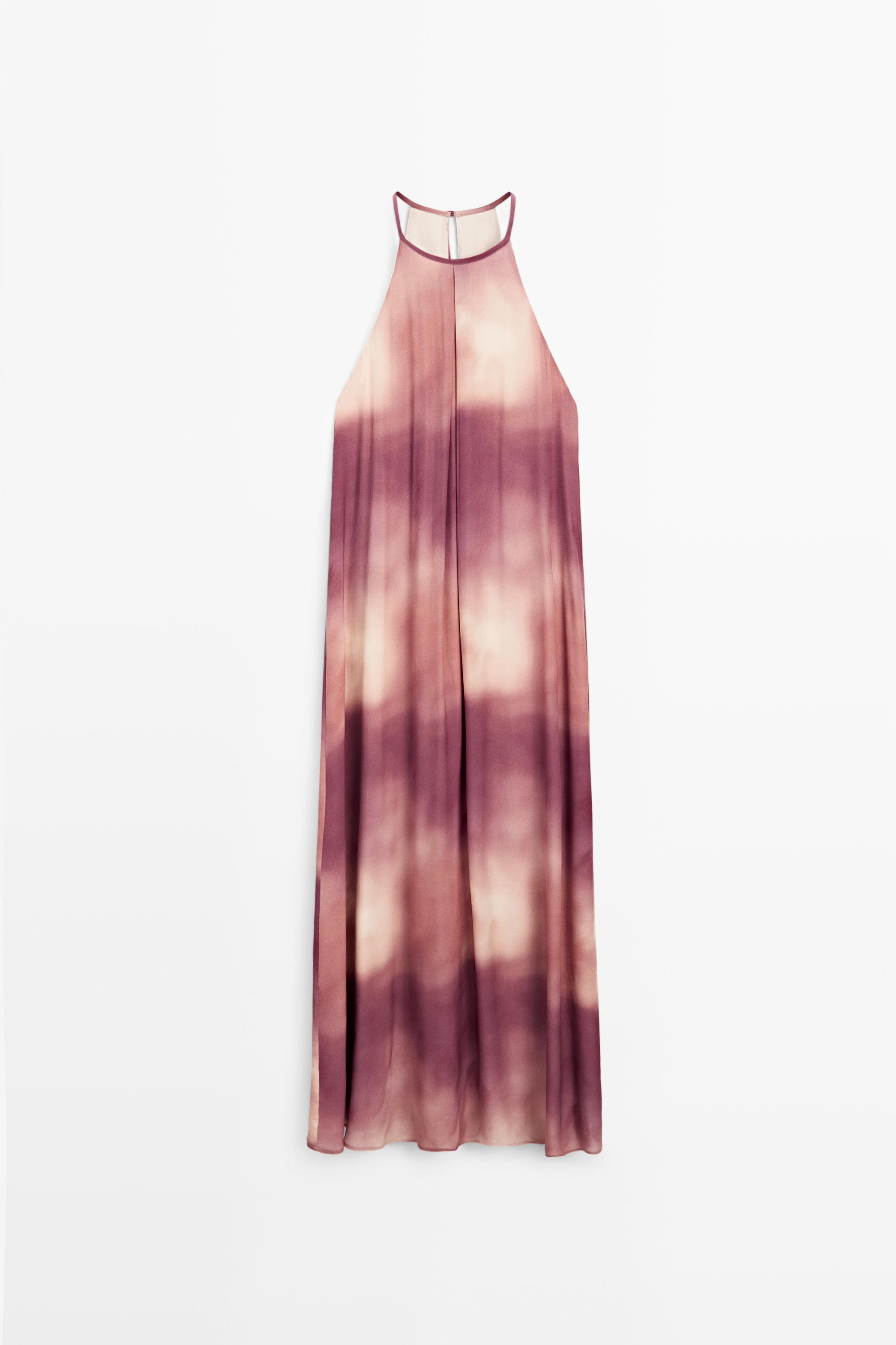 Printed tie-dye flowing halter maxi dress — PINK