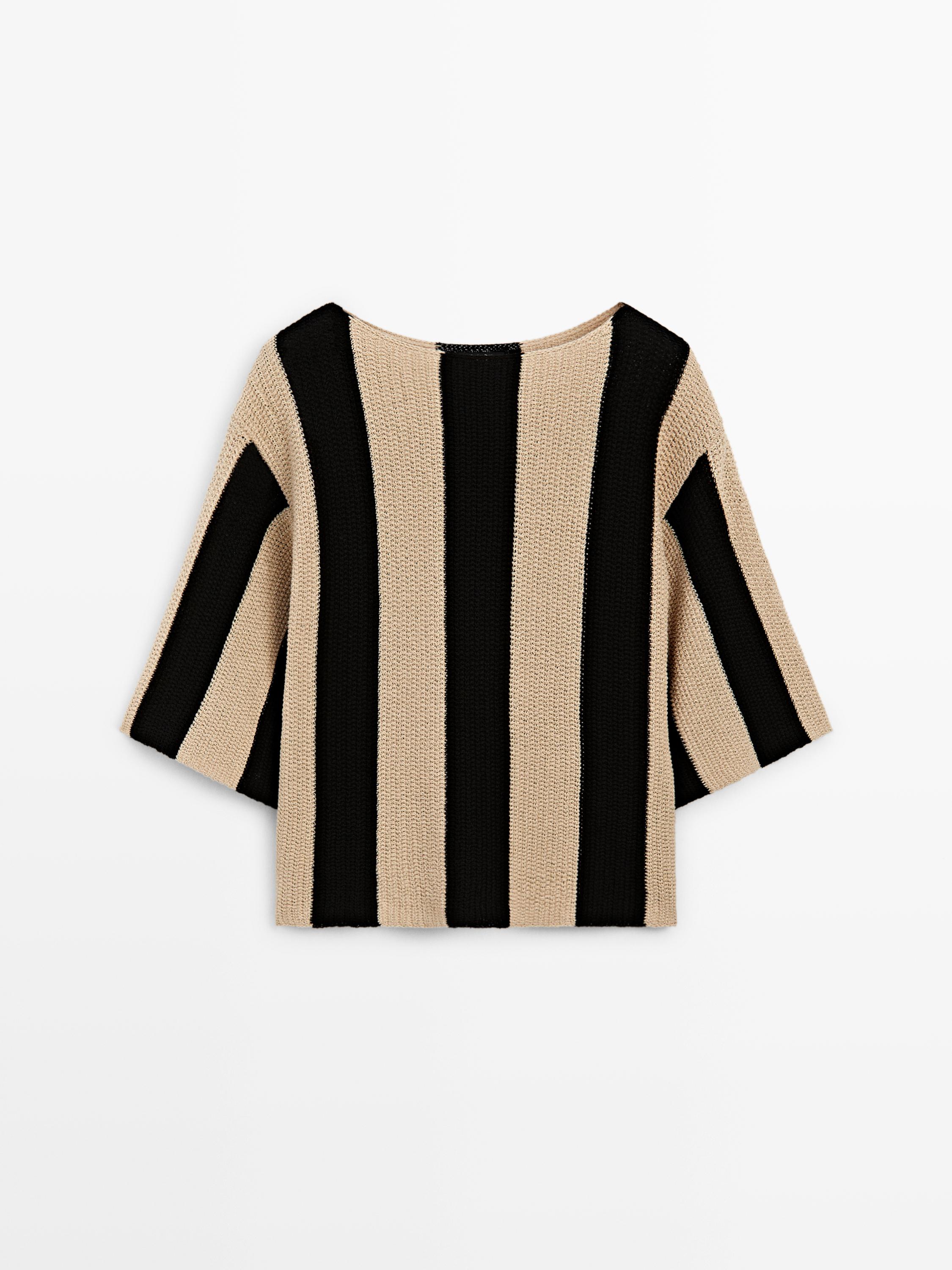 Striped cotton blend knit sweater — BLACK