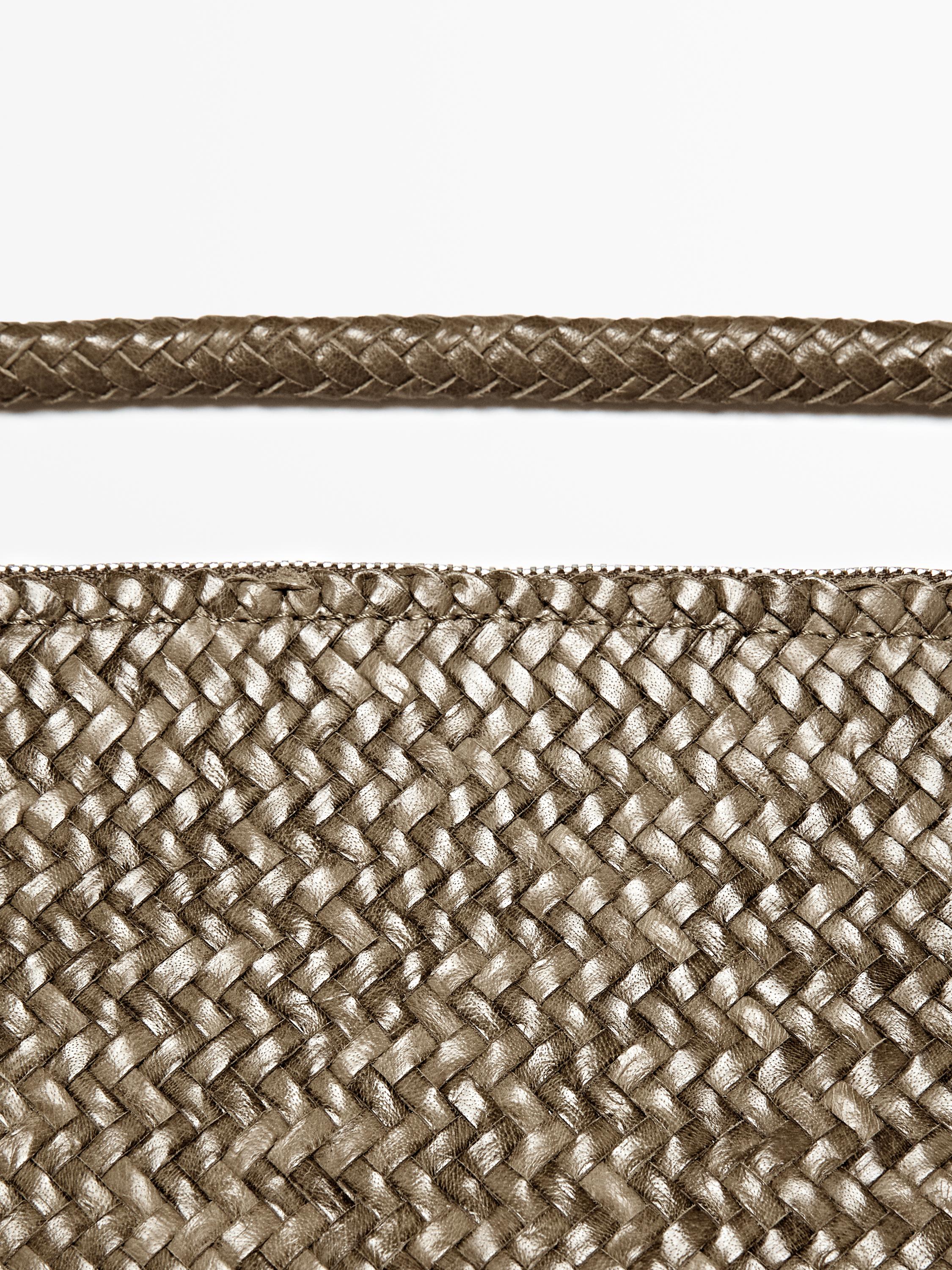 Mid-sized braided leather shoulder bag — KHAKI