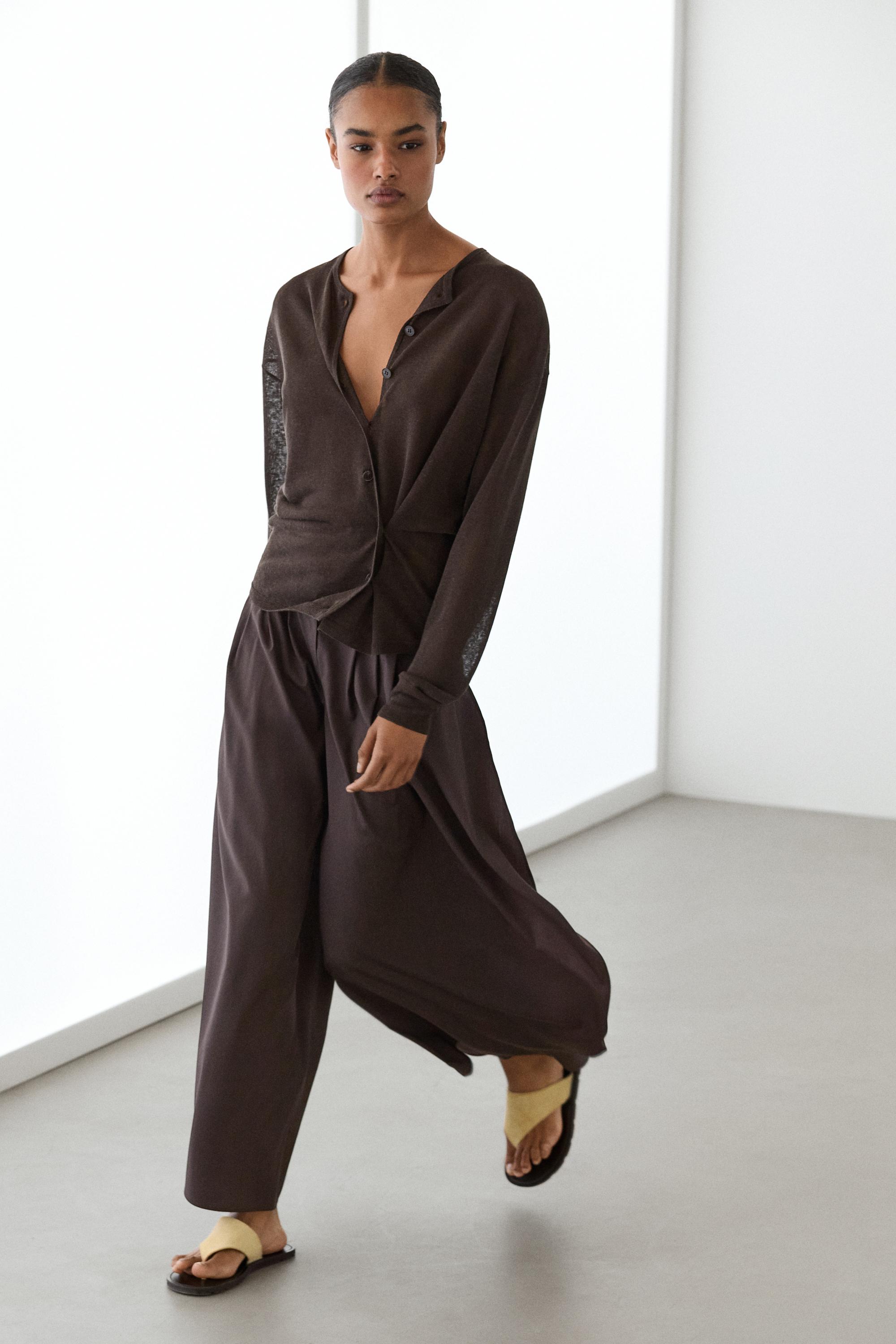 Linen blend cardigan with button detail · Brown · Cardigan