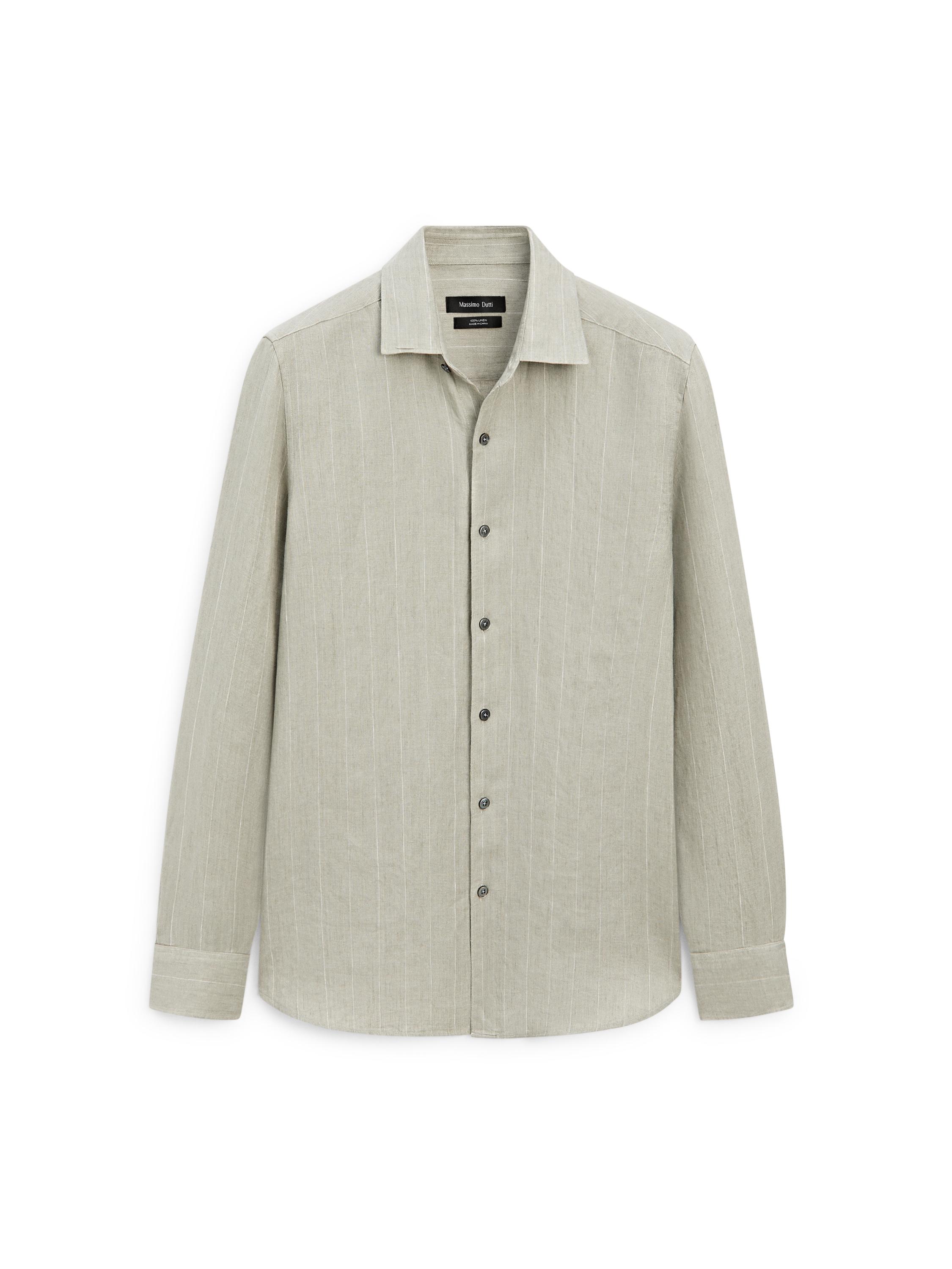 100% linen regular fit striped shirt — PALE GREEN